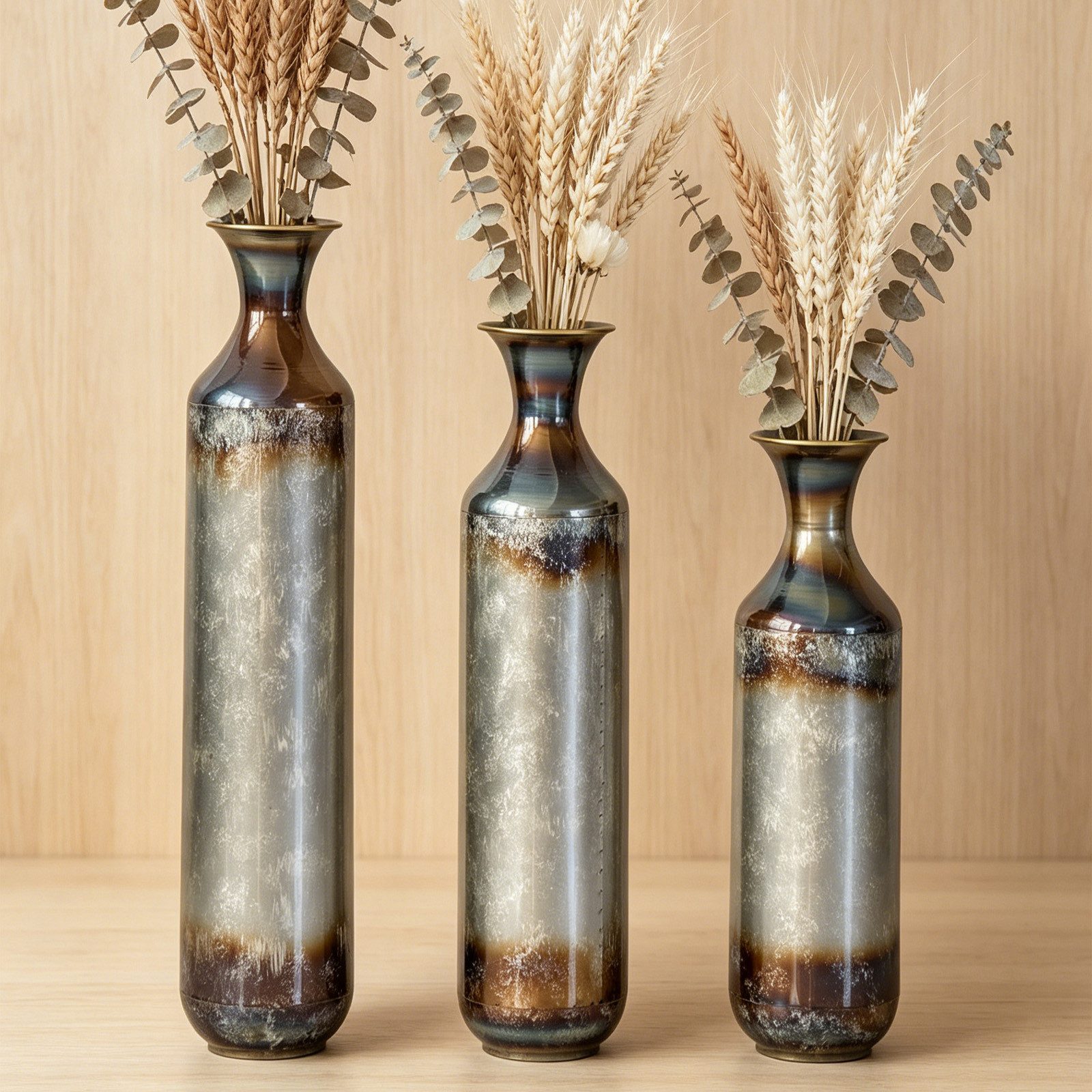 BlingBin Bodenvase 3er Set Handgefertigte Metallvase, Massivmetall Deko-Vase - 52/62/72cm (3er Set, 3 St., Groß: 14*14*72cm/Mittel: 14*14*62cm/Klein: 14*14*52cm), Handgebrannte Vintage-Optik für Wohnzimmer & Flur, Nicht Wasserdicht
