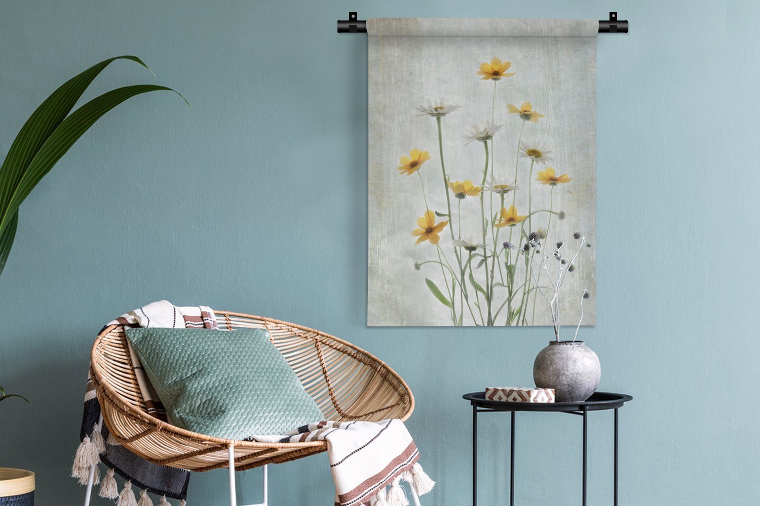für Wand, Pflanzen Blumen MuchoWow Tapisserie, der an - - Stilleben, Wanddekoobjekt - Deko Gelb Schlafzimmer Wohnzimmer,