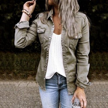 AFAZ New Trading UG Hemdjacke Damen Modische Jeans Oberteile langärmlige Hemden lässige Jacken