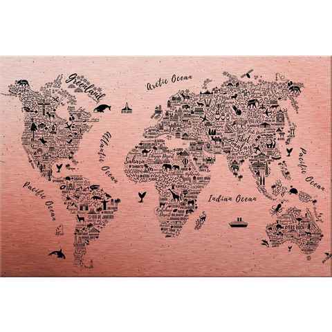 Wall-Art Metallbild Weltkarte Around the world, Maße (B/T/H): (120/0,3/75 cm)