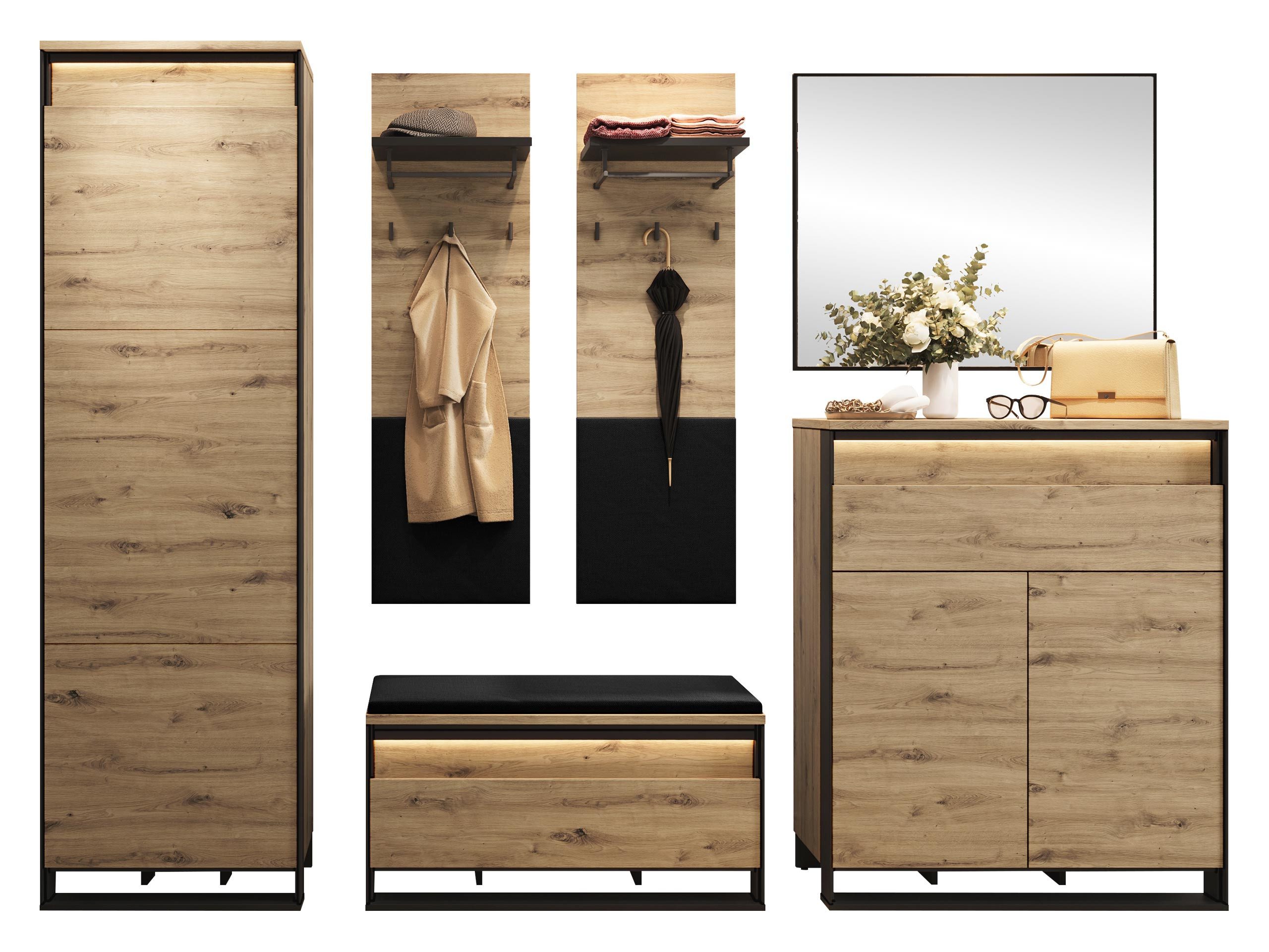MIRJAN24 Garderoben-Set Quant VII, (6er-Set, Kleiderschrank, Kommode, Schrank, Spiegel, 2x Kleiderhaken), mit LED-Beleuchtung