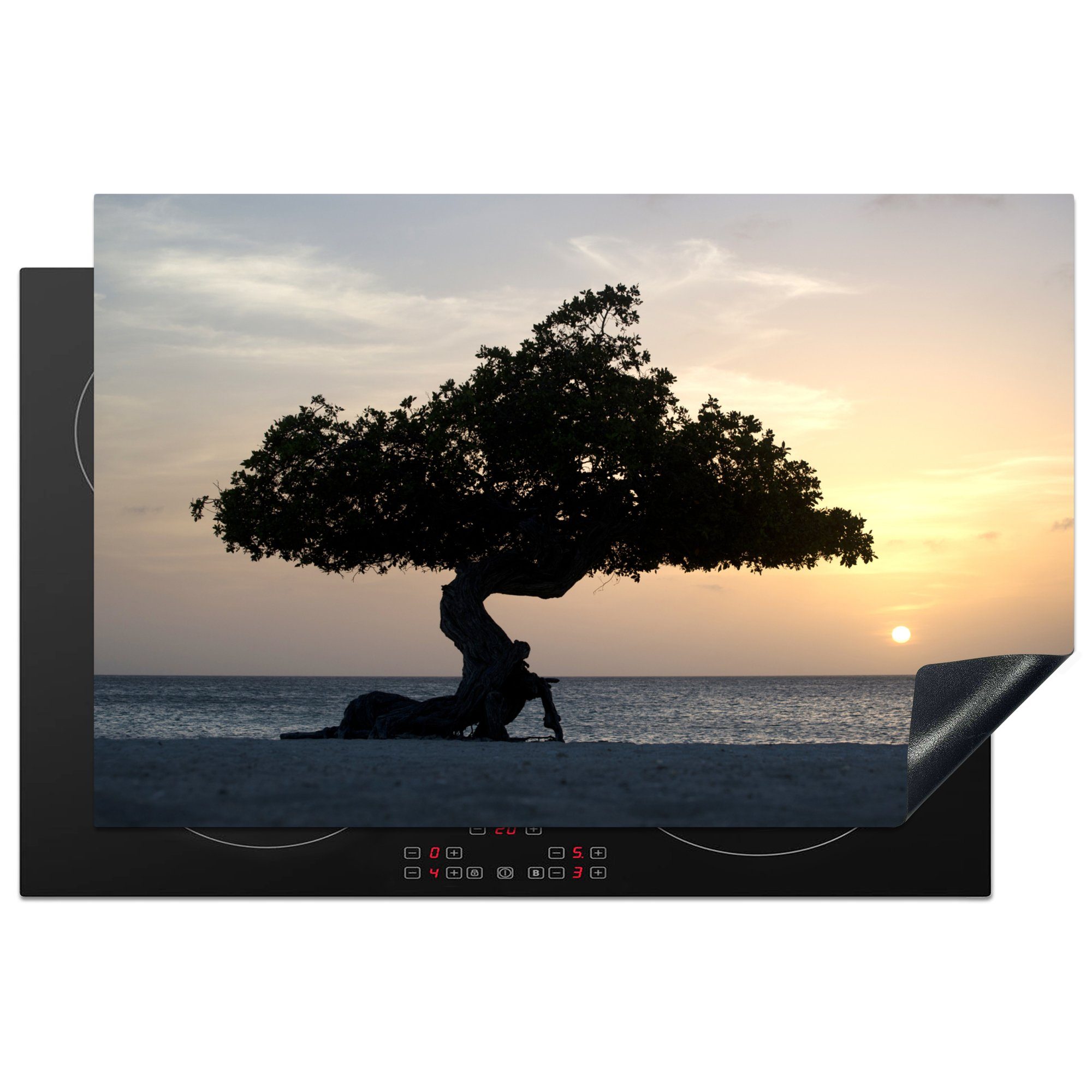 MuchoWow Herdblende-/Abdeckplatte Ein einsamer Baum steht am Strand von Aruba, Vinyl, (1 tlg), 81x52 cm, Induktionskochfeld Schutz für die küche, Ceranfeldabdeckung
