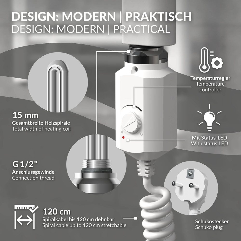 LuxeBath Heizstab Heizelemente für Badheizkörper mit Thermostat und LCD Bildschirm, Elektroheizstab mit Stecker Weiß Heizpatrone Heizelemente 300W