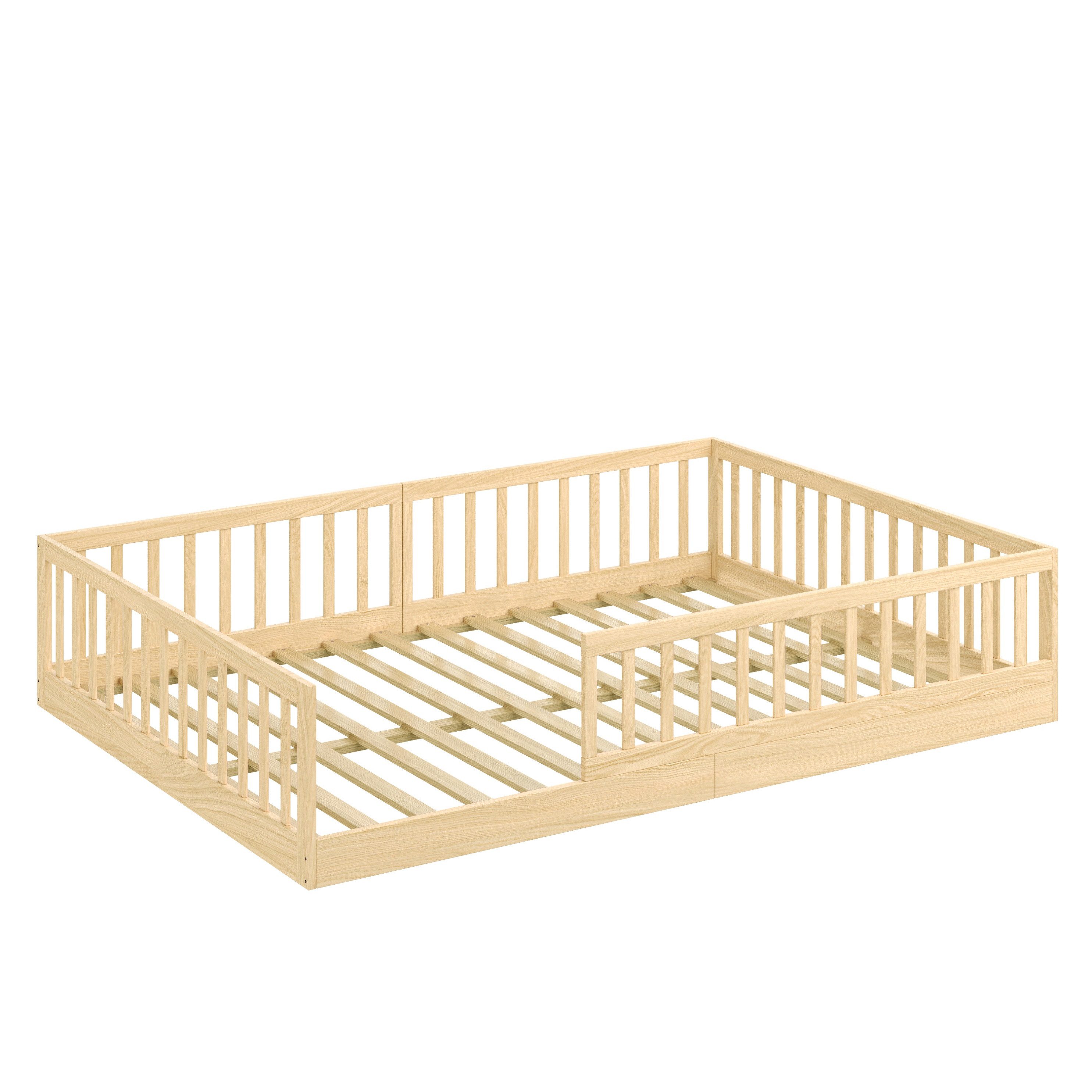 CADANI Kinderbett Timi Bodenbett bis 200 kg belastbar mit abnehmbarem Rausfallschutz (140x200 cm, Montessori Kinder- & Jugendbett aus Kiefer Massivholz), inkl. stabilem Roll-Lattenrost, Natur