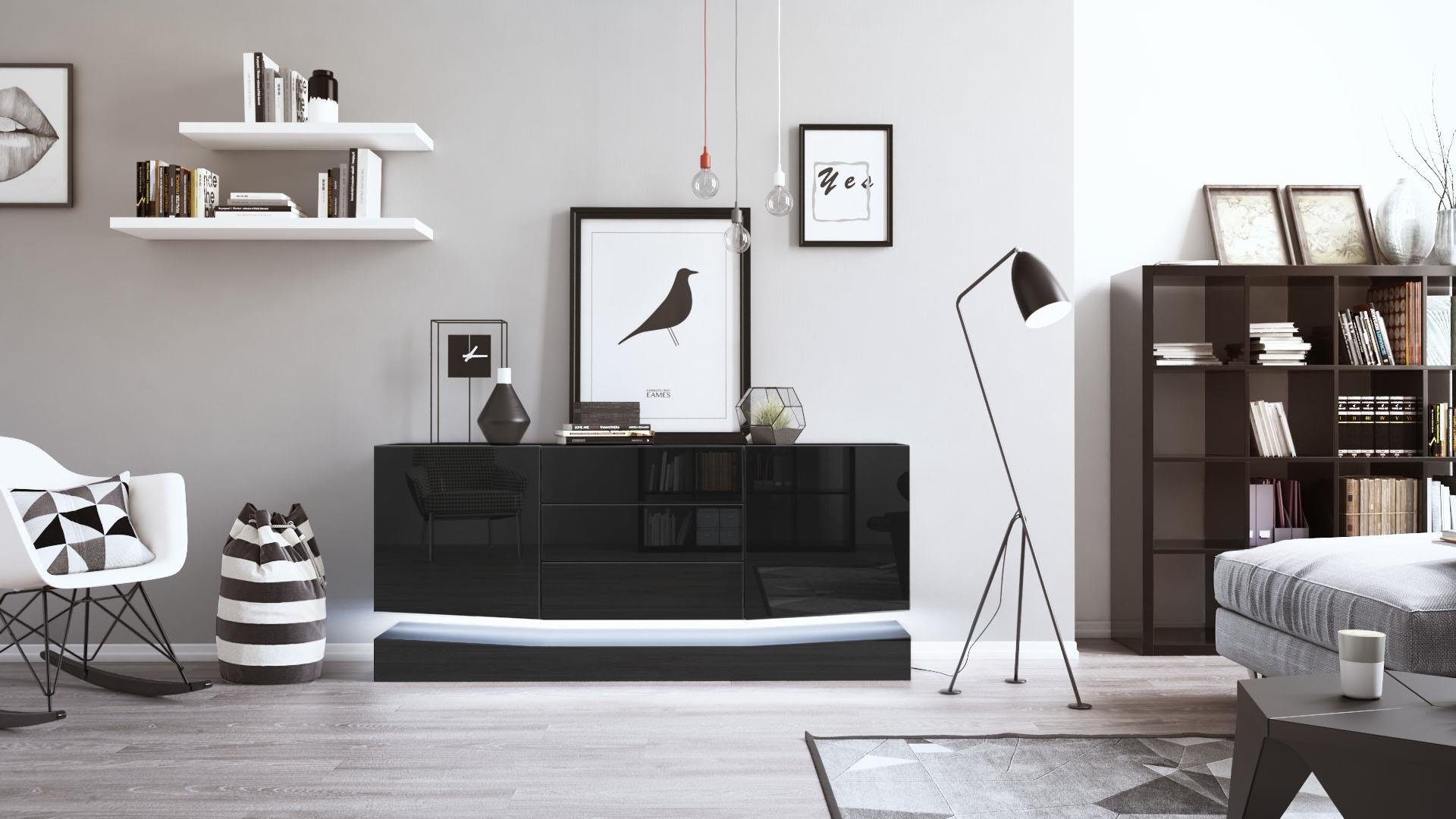 Vladon Sideboard City (Kommode mit 2 Türen, und 3 Schubladen inkl. LED-Beleuchtung), Schwarz matt/Schwarz Hochglanz (178 x 72 x 38 cm)