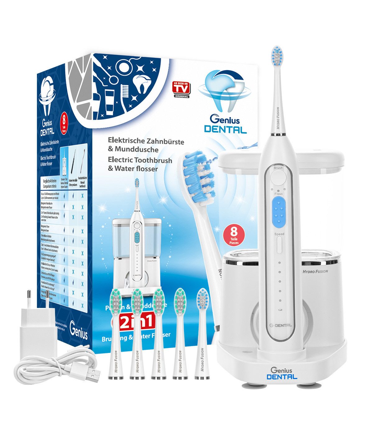 Genius Elektrische Zahnbürste Dental Hydro Fusion Basic Set + Bürstenkopf-Set Sensitiv/Groß, Aufsteckbürsten: 6 St., 12 tlg., Zahnbürste und Munddusche in einem Gerät