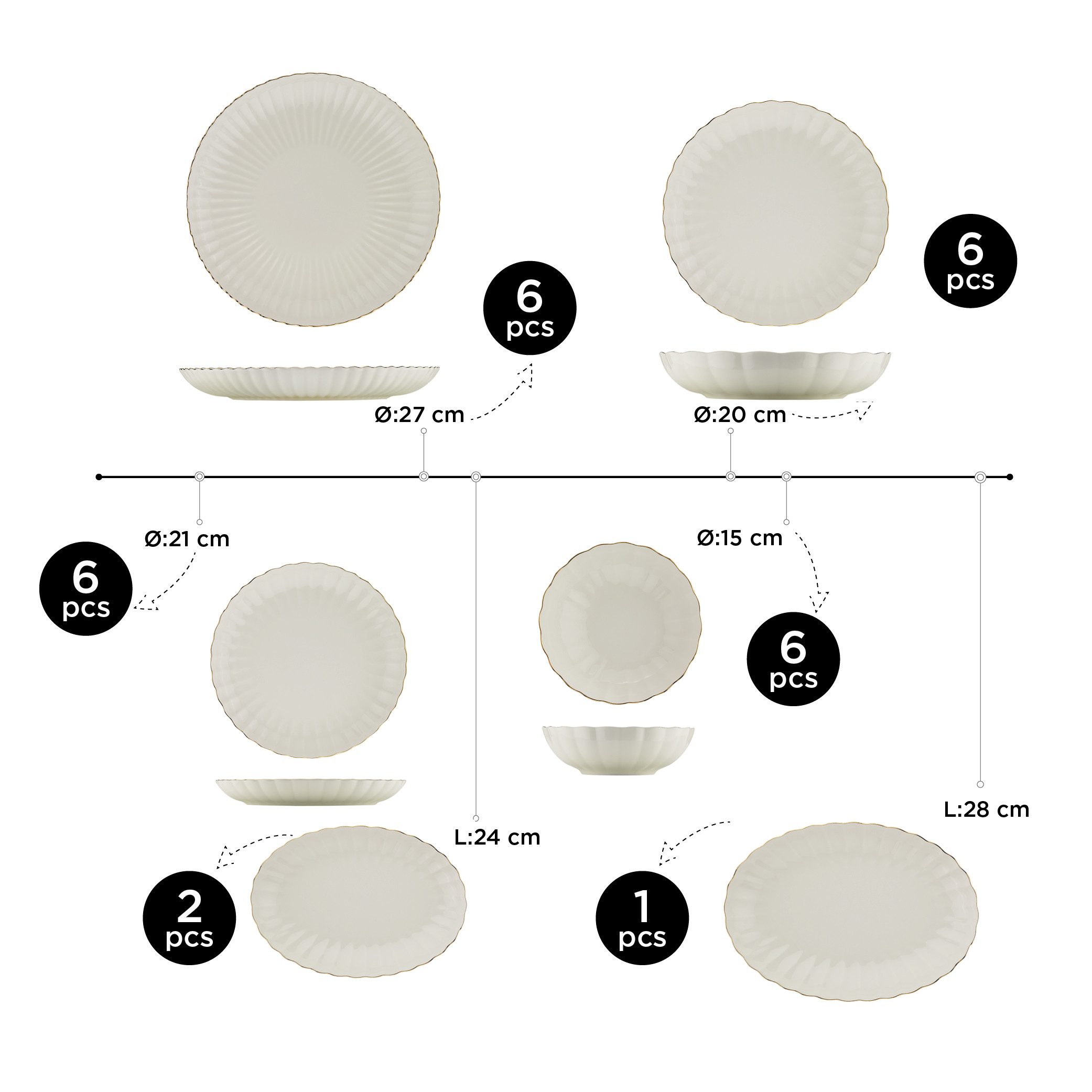 Kütahya Porselen Tafelservice Kütahya Porselen Bone Luz Form 27-tlg. Geschirrset für 6 Personen (27-tlg), 6 Personen