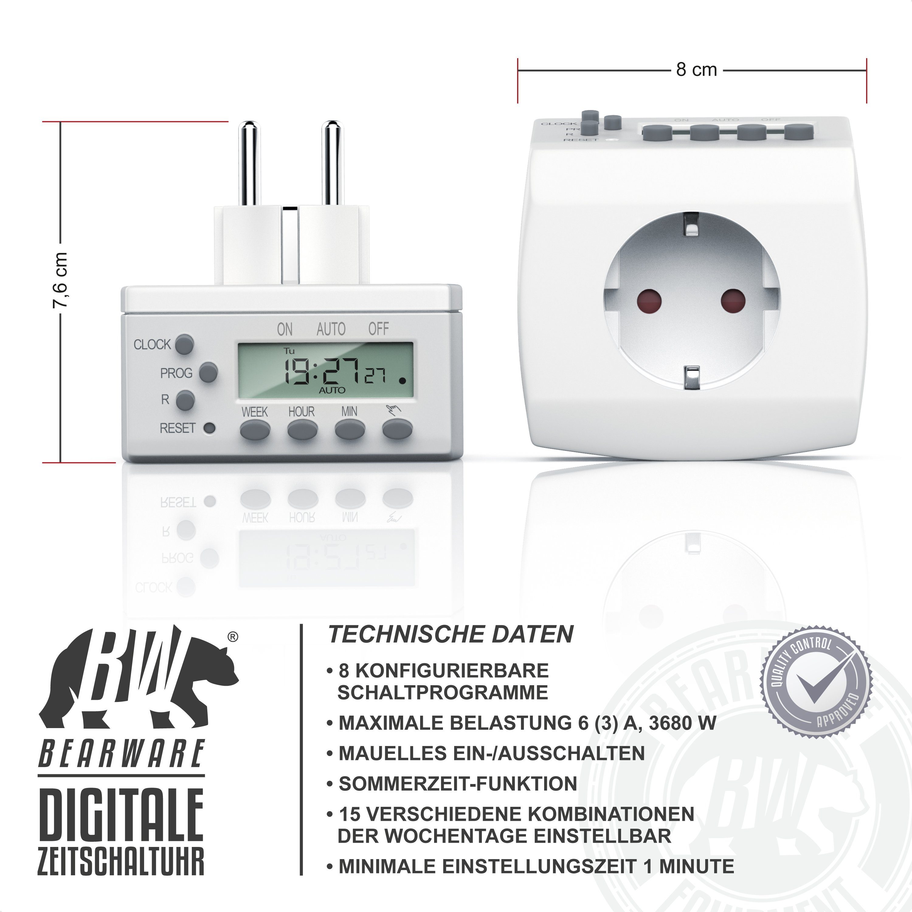 BEARWARE Zeitschaltuhr Digitaler Weekly Timer, minutengenau, LCD-Display, 3680W, digital, 1-St., 8 Programme (Wochen/Tag/Min), dt. Anleitung, Kinderschutz