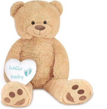 BRUBAKER Kuscheltier XXL Teddybär Beige 100 cm mit Hello Baby Herz (Stofftier Plüschtier, 1-St), Kuscheltier Geschenk für Geburt, Babyparty, Gender Reveal