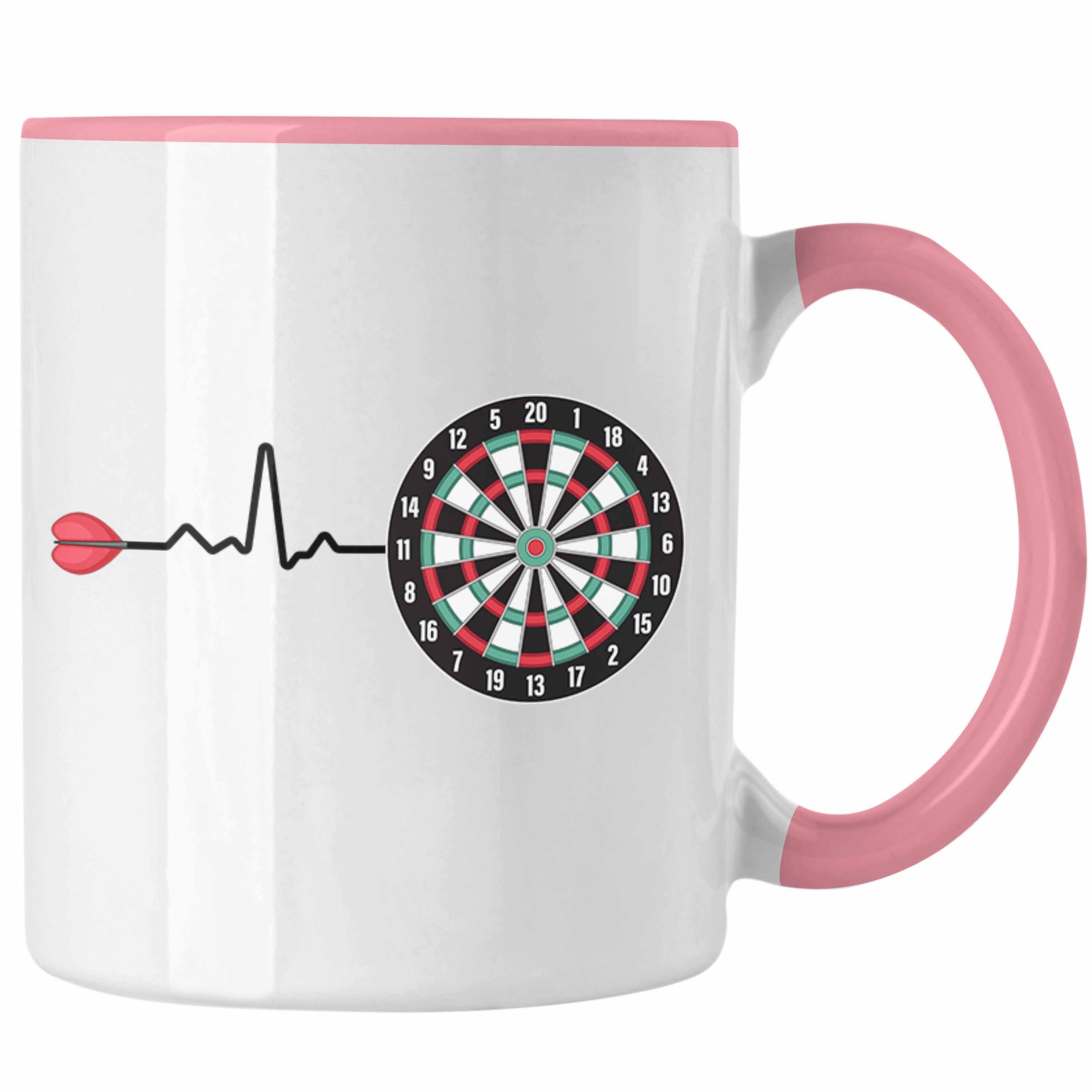 Trendation Tasse Trendation - Dart Herzschlag Geschenk Tasse Kaffeetasse Dartspieler Geschenkidee Darts Geschenke für Männer Frauen Rosa | Teetassen