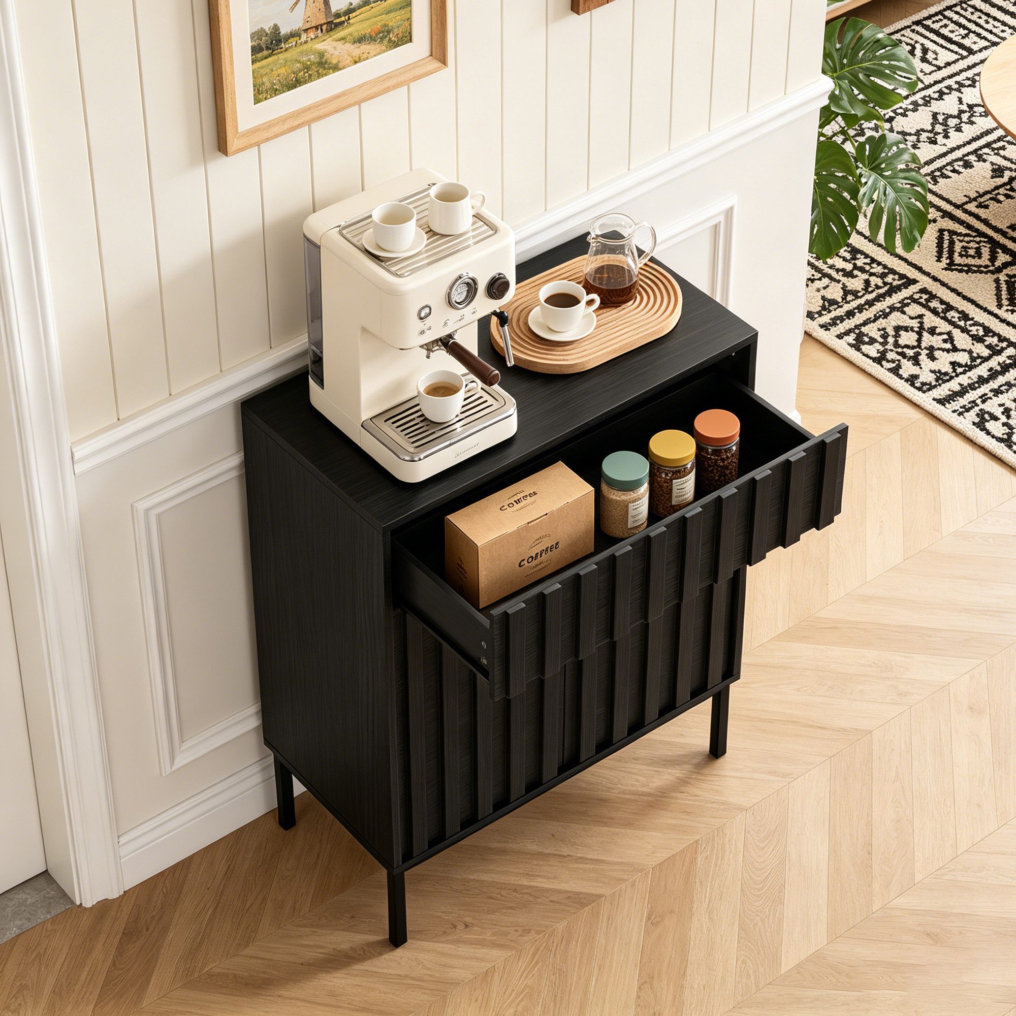 UEV Sideboard mit Schublade & 2Türen, Küchenschrank Buffetschrank Kaffeebar Schrank (Sideboard mit Schublade & 2Türen Schwarz/Natur/Braun), 70x37x88,5 cm, Aufbewahrungsschrank Schrank mit Kippschutz