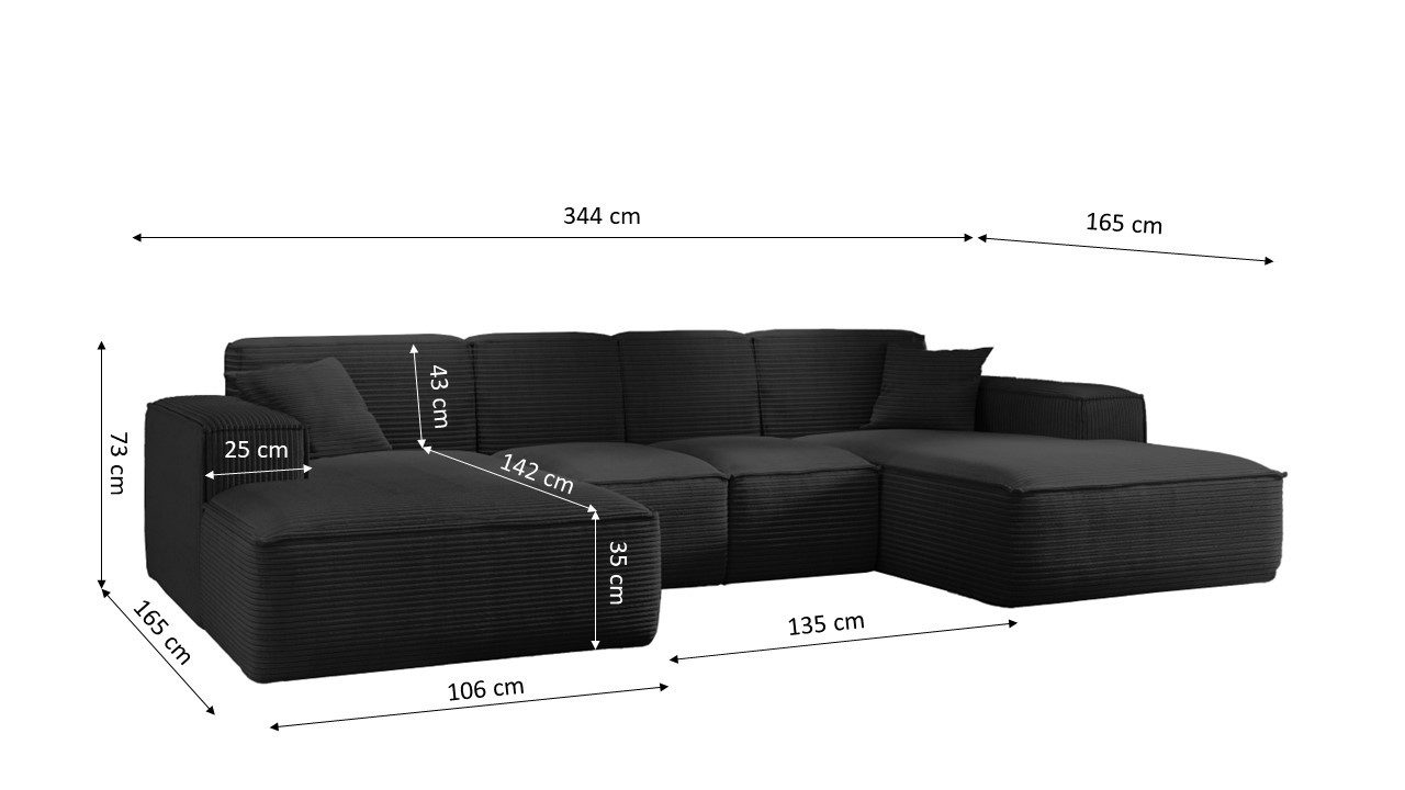 Kaiser Möbel Ecksofa Eckcouch U form, SIENA stoff Poso, Maloy, Salvador,Velo, Artico, U-Form, Wahl aus 4 Stoffen, Komfortsitz mit HR-Schaum