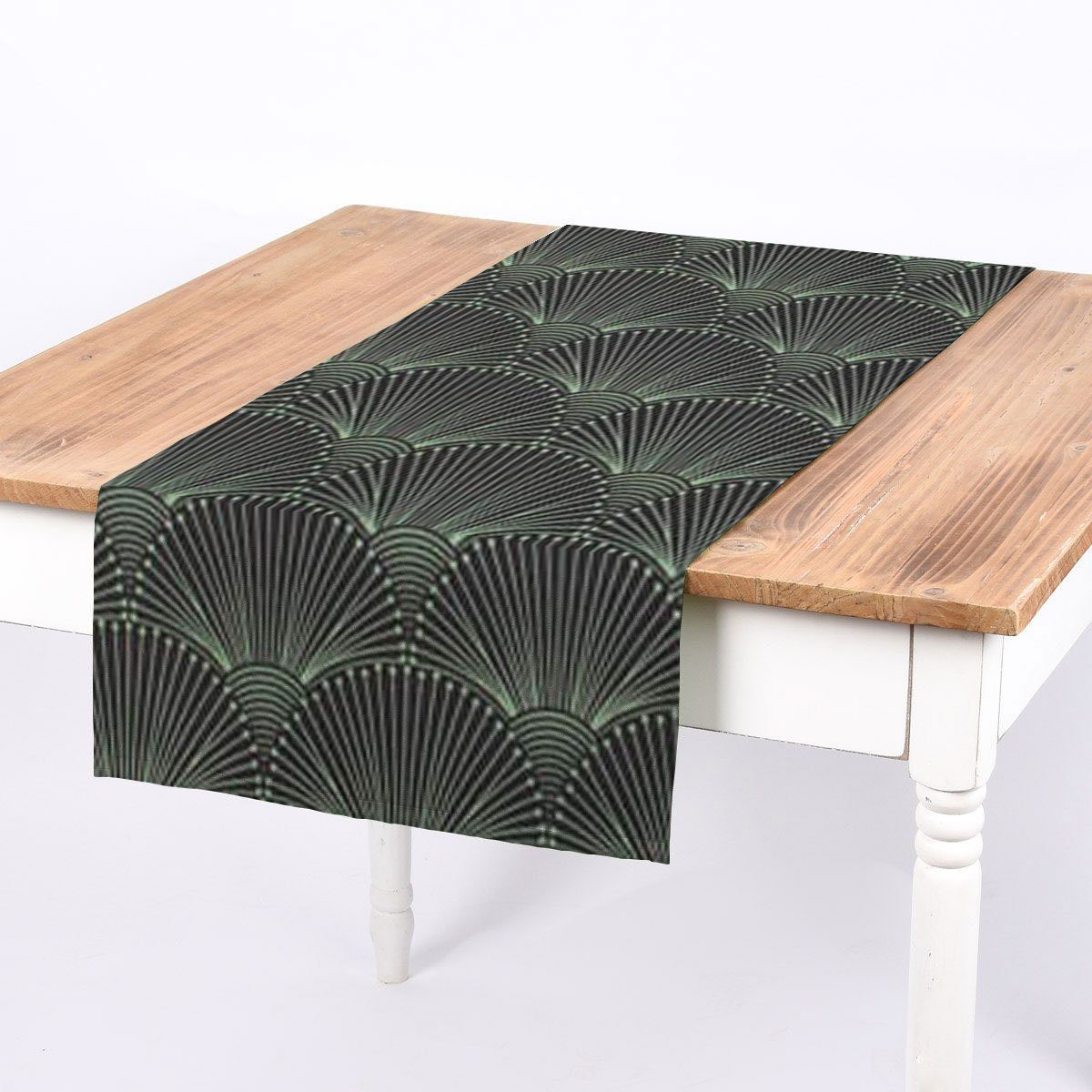 SCHÖNER LEBEN. Tischläufer Fächer LEBEN. aus Bogen Baumwolle Tischläufer SCHÖNER min, Digitaldruck dunkelblau