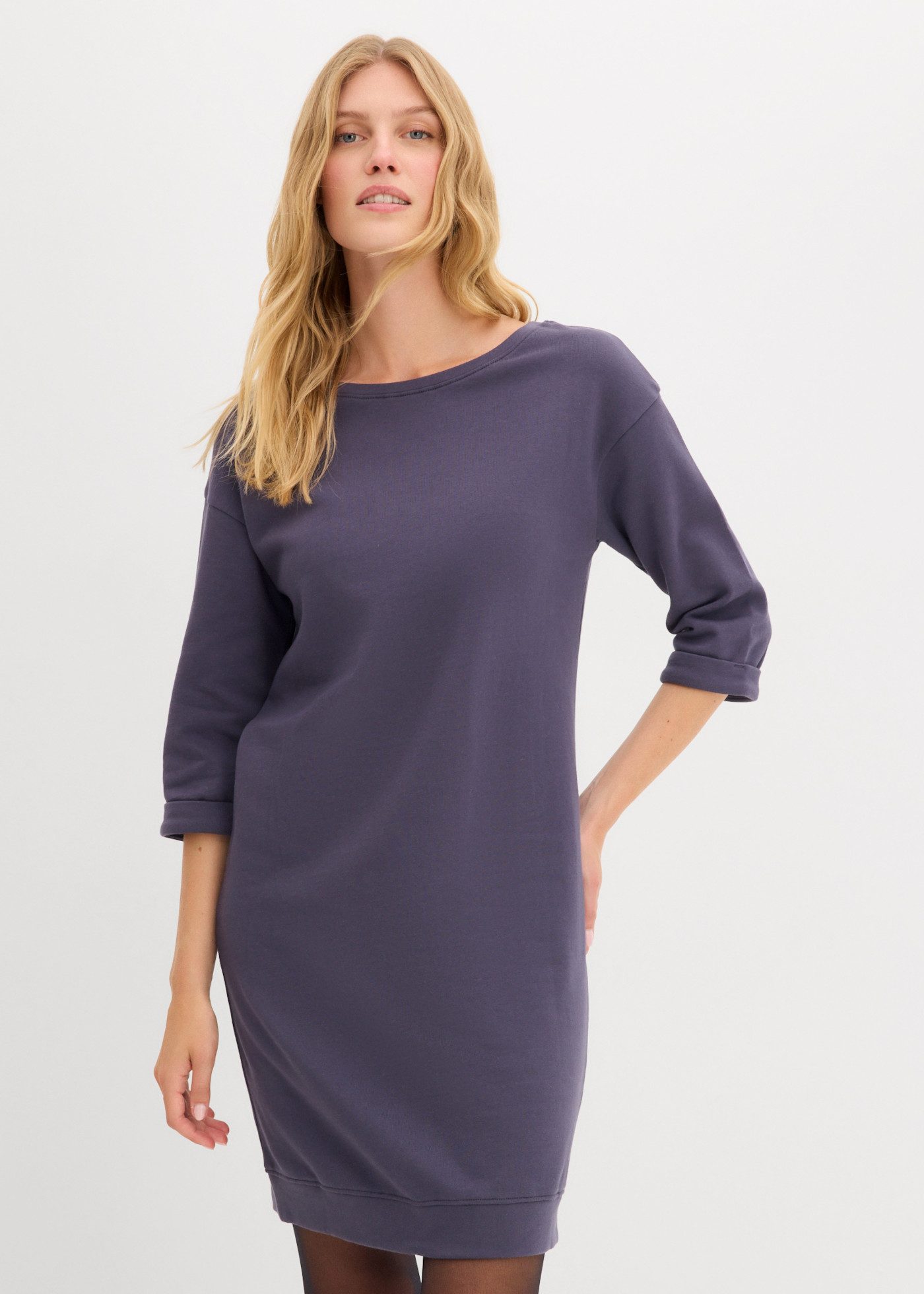 bonprix Sweatkleid mit lockerer Passform, knielang, 3/4-Ärmel, unifarben, ohne Verschluss