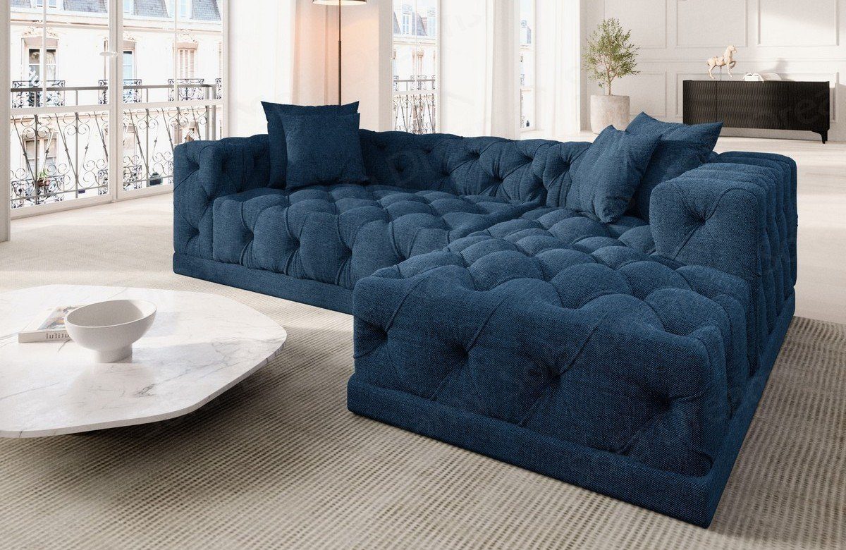 Sofa Dreams Ecksofa Strukturstoff Stoff Polster Sofa Palma L Form kurz Stoffsofa, Chesterfield Style, Loungesofa blau77