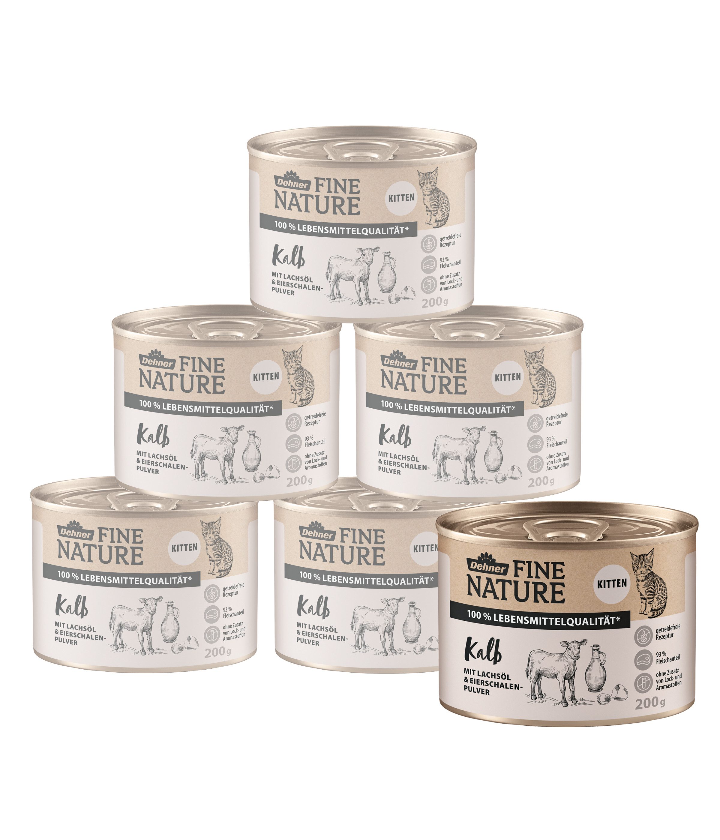 Dehner Fine Nature Kitten Kalb mit Lachsöl, 6 x 200 g / 400 g Dose Kalb, Nassfutter für: Katze, Nassfutter für junge Katzen, getreidefrei