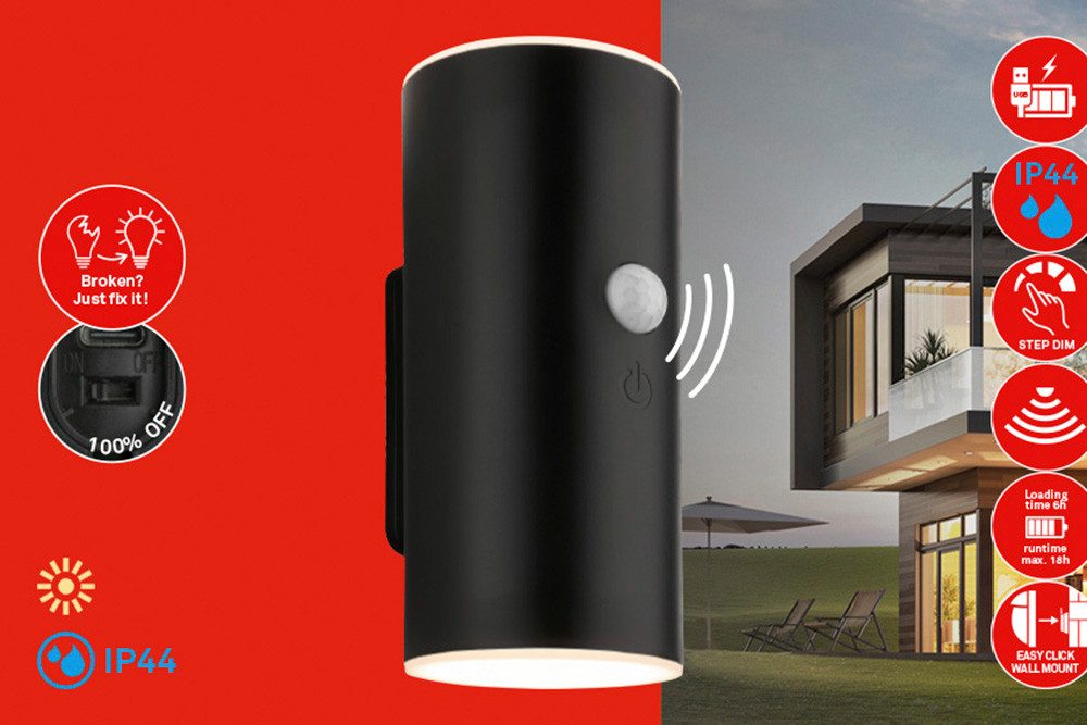 Briloner Leuchten LED Außen-Wandleuchte SUDA, LED fest integriert, 7x8,5x15,5 cm, Akku tauschbar, Indoor/Outdoor, Balkon, Hauswand