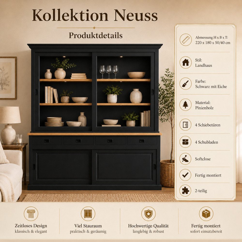 Wohnpalast Vitrine Vitrinenschrank Neuss 180 cm schwarz mit Eiche – Landhaus Schrank