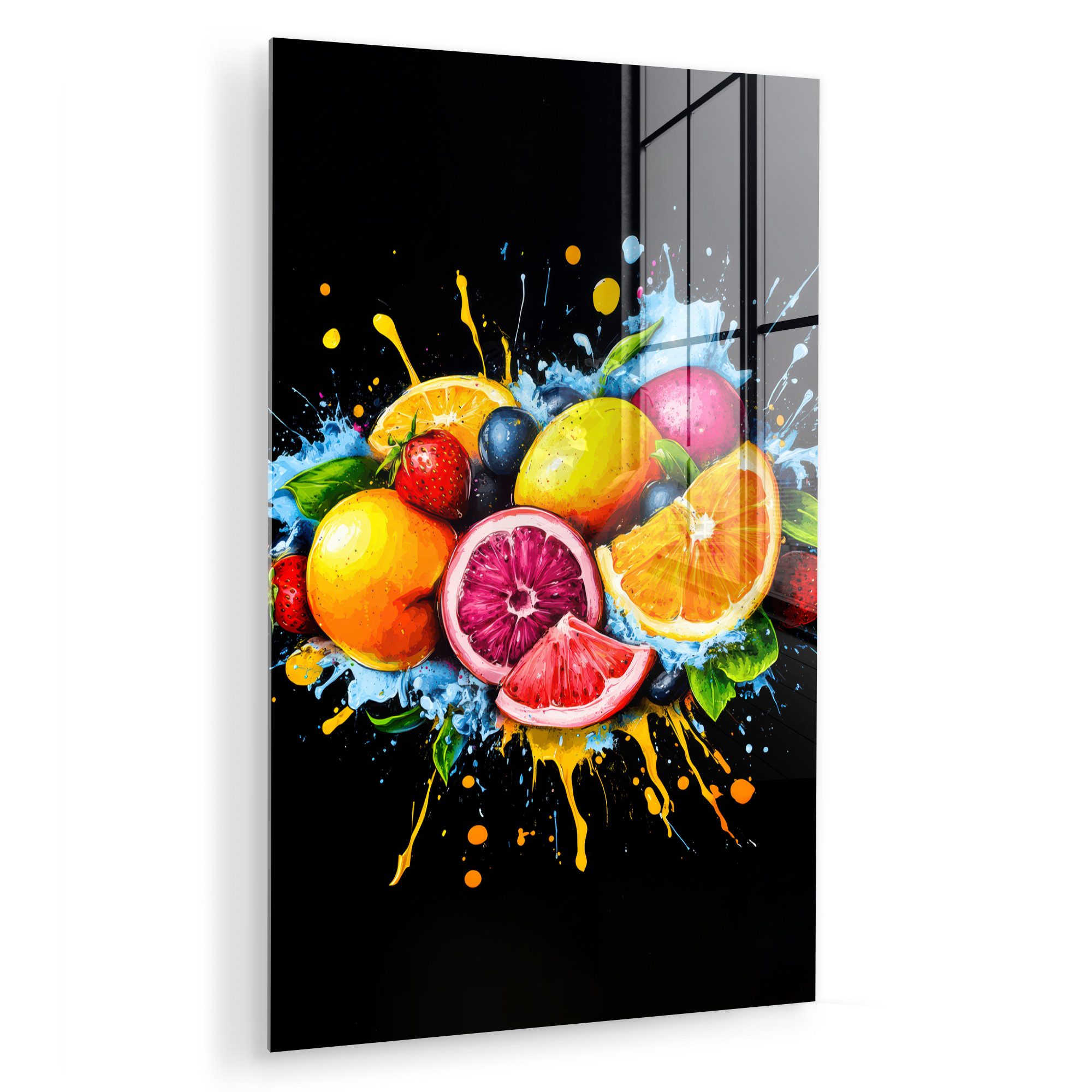MuchoWow Acrylglasbild Obst - Graffiti - Bunt - Orange - Erdbeere - Abstrakt, Inkl. Aufhängung, Dekorative Bild für Küche & Wohnzimmer auf Glas, 20x30 cm