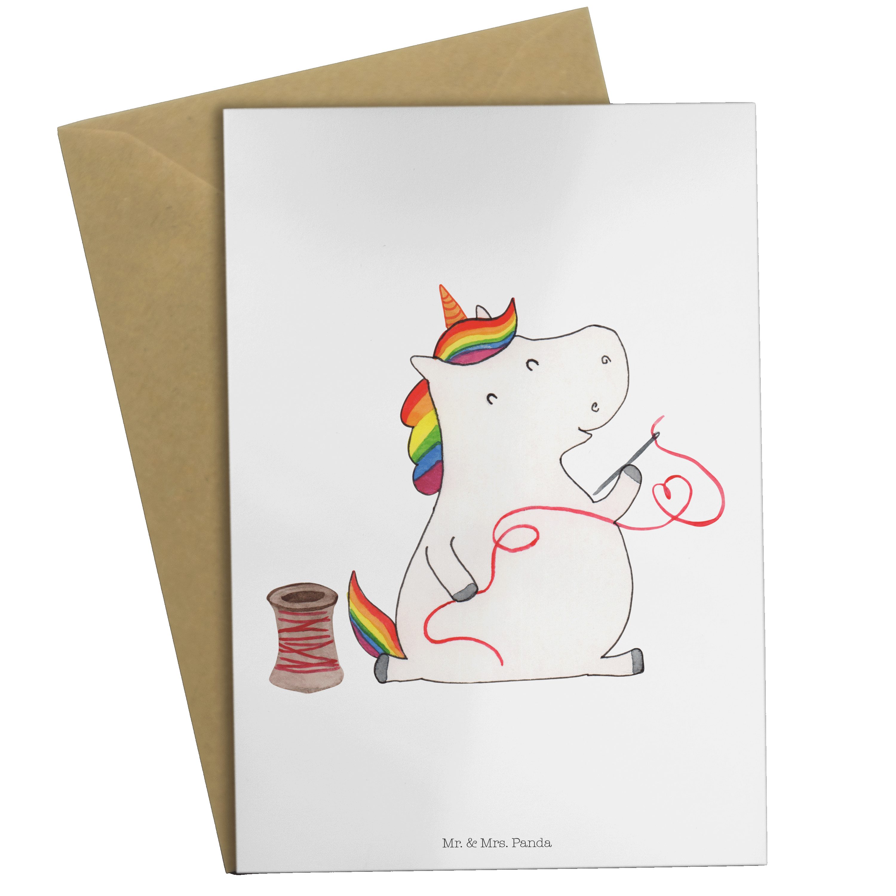Mr. & Mrs. Panda Grußkarte Einhorn Näherin - Weiß - Geschenk, Geburtstagskarte, Häkeln, Glückwun | Grußkarten