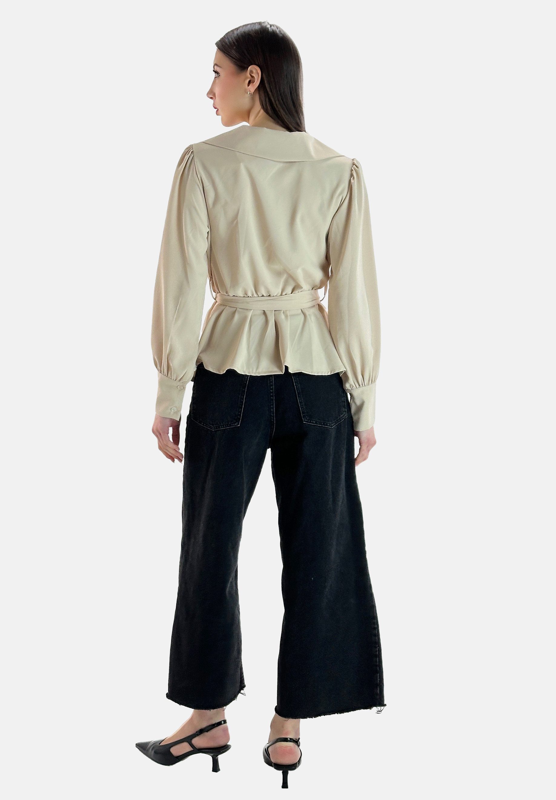 Elara Blusentop – Wickelbluse mit Bindegürtel und Hemdkragen