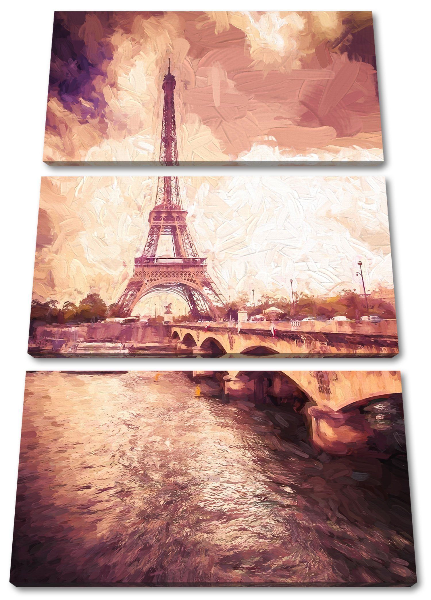 Leinwandbild Paris bespannt, Paris Kunst, Leinwandbild (120x80cm) Eiffelturm in Zackenaufhänger Kunst Eiffelturm Pixxprint in (1 inkl. fertig St), 3Teiler
