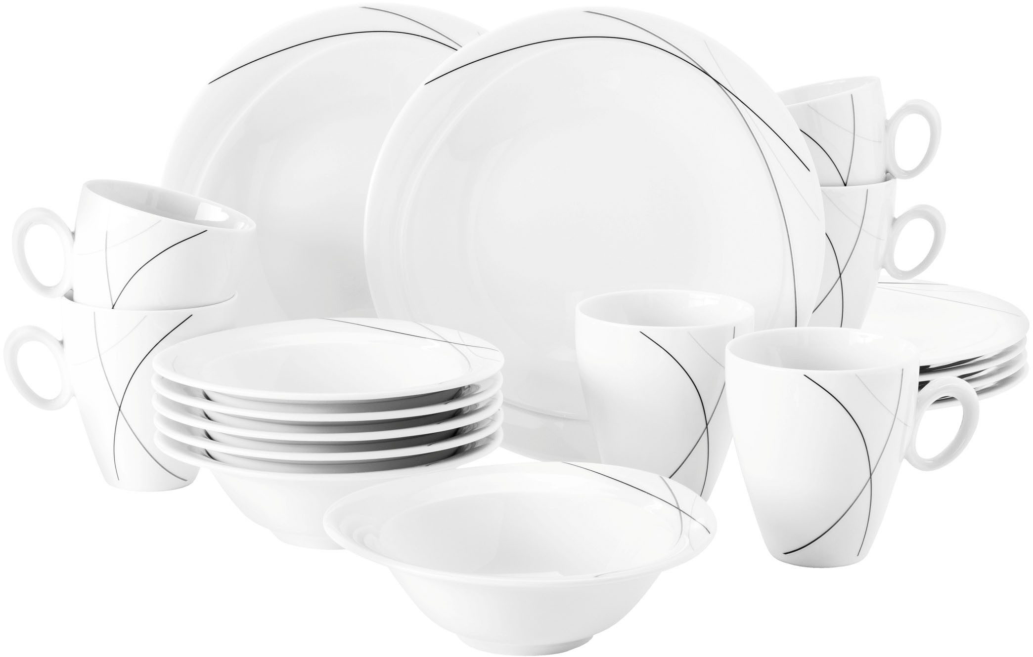 Seltmann Weiden Frühstücks-Geschirrset Service, Trio Highline (Teller, Schale, Kaffeebecher) (18-tlg), 6 Personen, Porzellan, Teller, Becher, Schalen, Made in Germany, 18 Teile, für 6 Personen