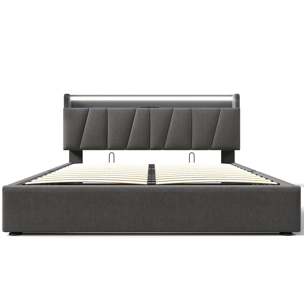 Polsterbett (140 x 200 cm Hydraulisches Bett mit Lattenrost und Matratze), Dopplebett mit LED-Beleuchtung, USB Ladefunktion & Stauraumkopfteil