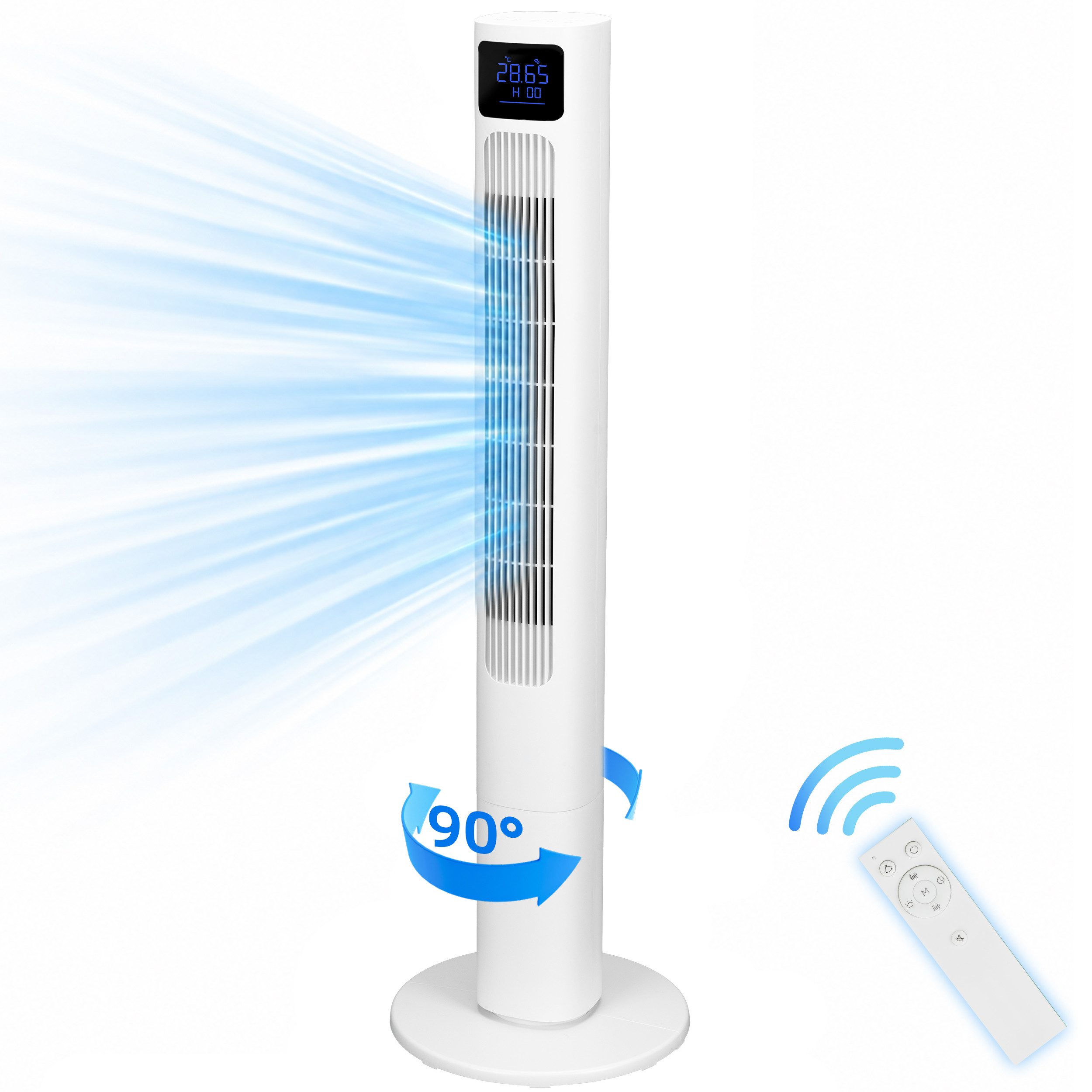 Sinaopus Turmventilator leise, kühlende Brise für heiße Tage im Wohn- und Arbeitszimmer, 90° Oszillation, 4 Windstufen, 12h Timer, Display und Fernbedienung