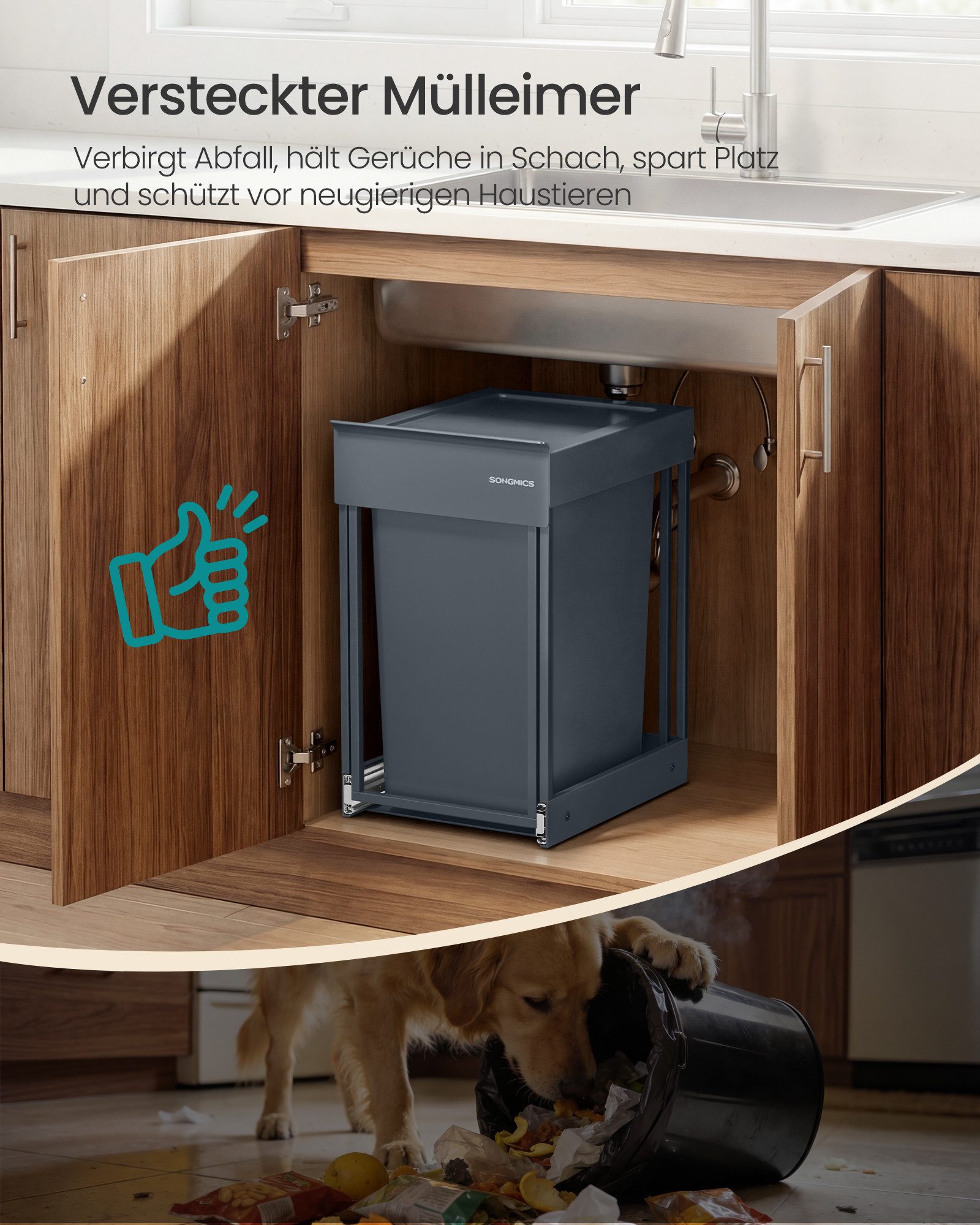 SONGMICS Mülleimer Abfalleimer ausziehbar, Küche, Stahlrahmen, ABS-Deckel, für Unterschrank – Bild 5 von 5