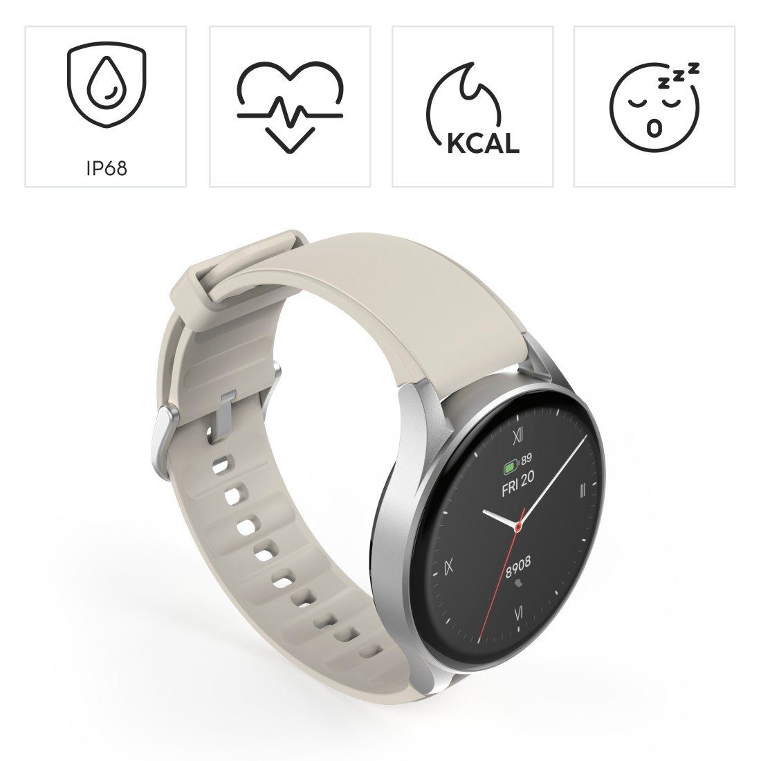 Hama Smartwatch 8900 (Telefonfunktion, GPS, wasserdicht IP68, Herzfrequenz) Smartwatch (3,3 cm/1,3 Zoll) beige|silberfarben