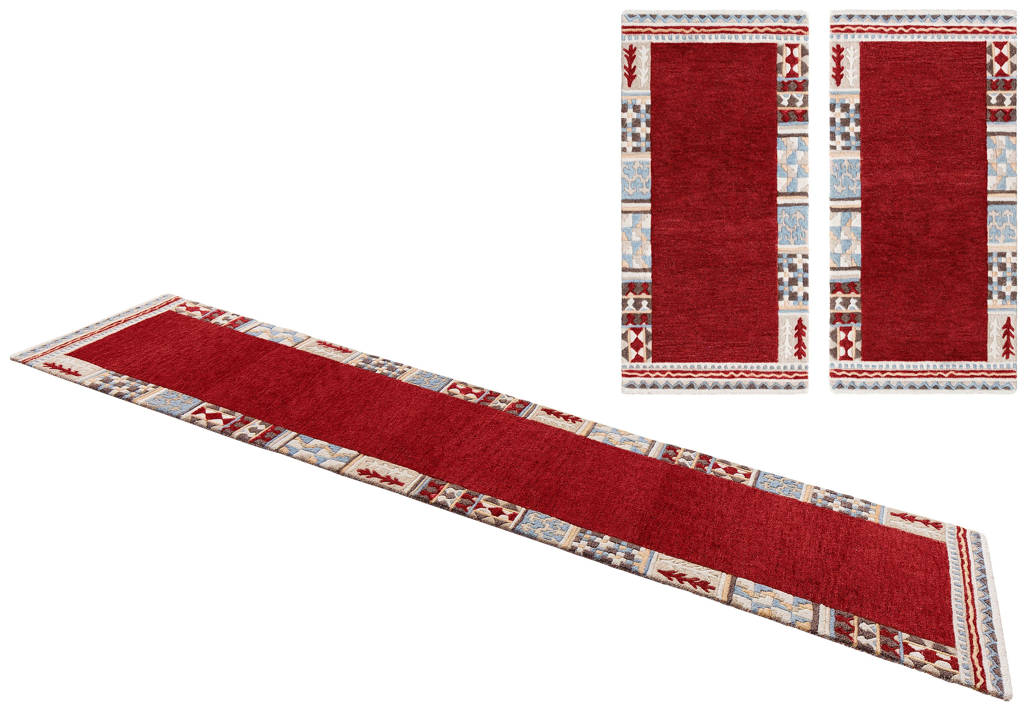 Bettumrandung Nuno THEKO, Höhe 14 mm, (3-tlg), Bettvorleger, reine Wolle, handgetuftet, Läufer-Set, Schlafzimmer rot