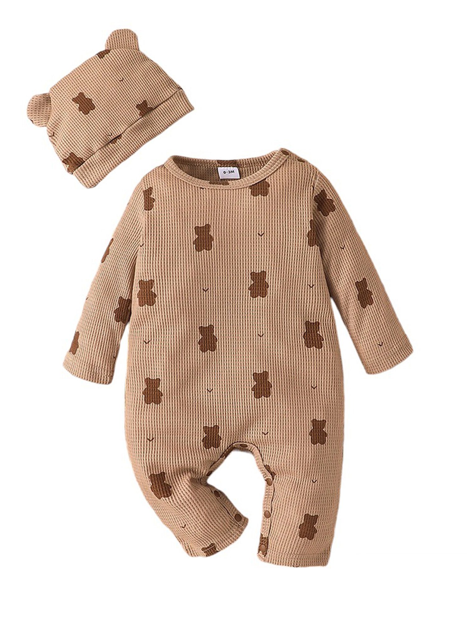 LAPA Strampler Neugeborene Süßes 2-tlg Set aus Langarm Overall und Mütze für Babys (Set, 2-tlg) Krabbelkleidung für Babys, Bärenmuster, Waffelstoff, Pyjama, Hausanzug Helles Khaki