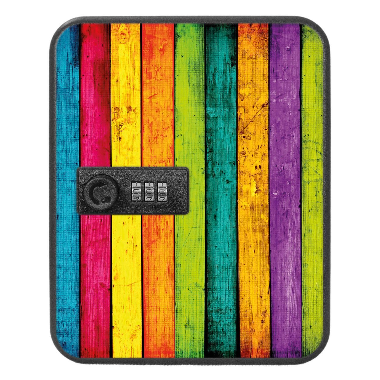 banjado Schlüsselkasten Stahl Bunte Holzlatten (Stahlgehäuse, Zahlenschloss, mit 20 Haken), 20 x 16 x 9,3 cm