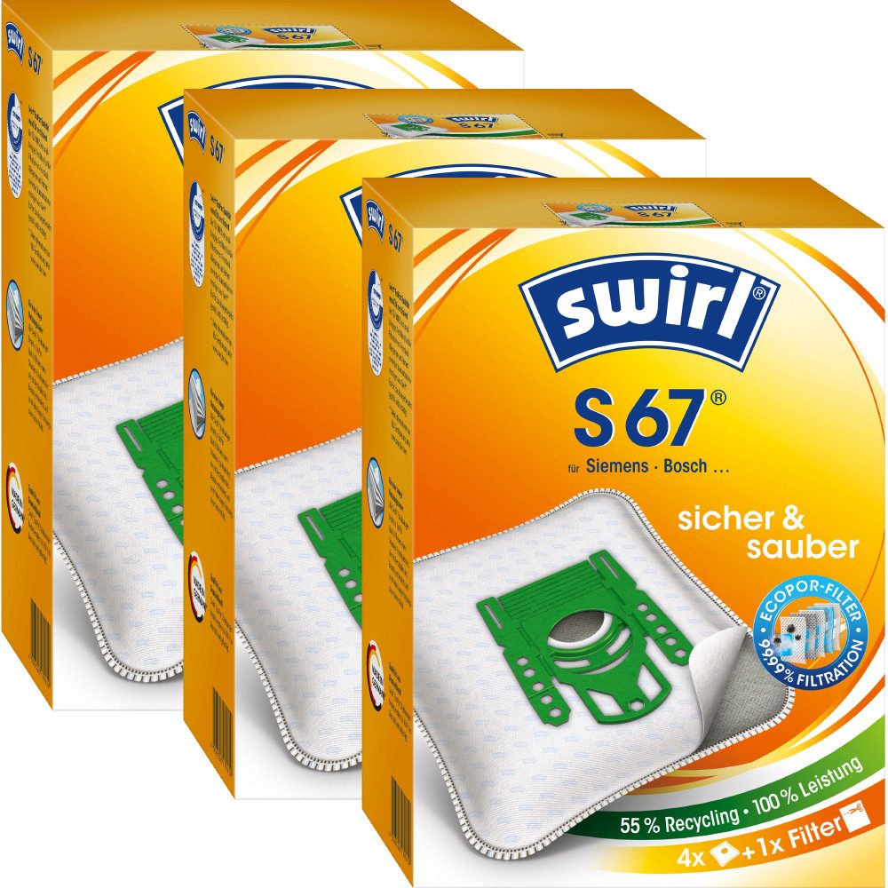 Swirl Staubsaugerbeutel Swirl S67 S 67, passend für Siemens Bosch Staubsauger, inkl. 3 Filter - zuschneidbar, 12 St., Optimale Passform, EcoPor Qualität für lange Nutzungsdauer