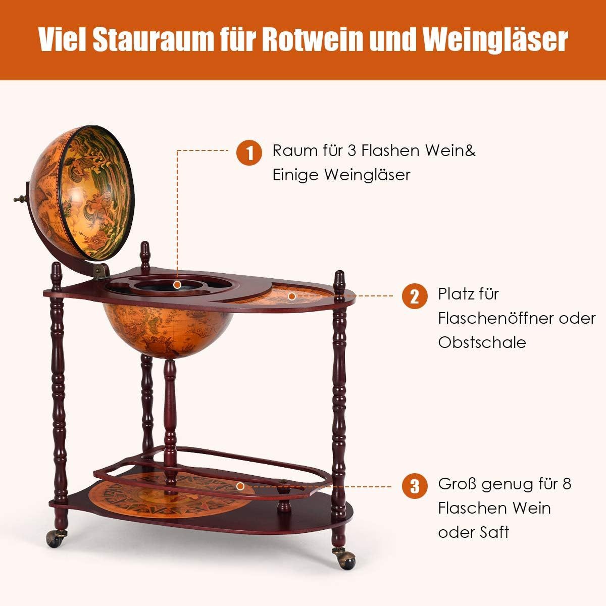 KOMFOTTEU Weinregal Standglobus Bar auf Rollen, mit Massivholz – Bild 5 von 5