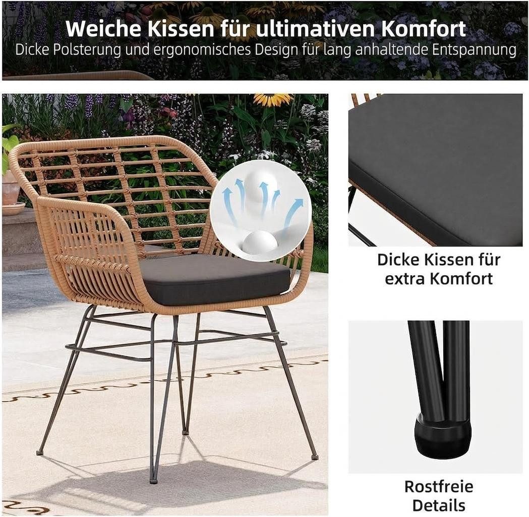 GarveeMore Balkonset Für 2 Personen,3-TLG Outdoor Rattan Sitzgruppe,Gartenmöbel, Rattan, Metall, wasserabw., 2 Sessel + Glas, für Balkon & Garten – Bild 4 von 5