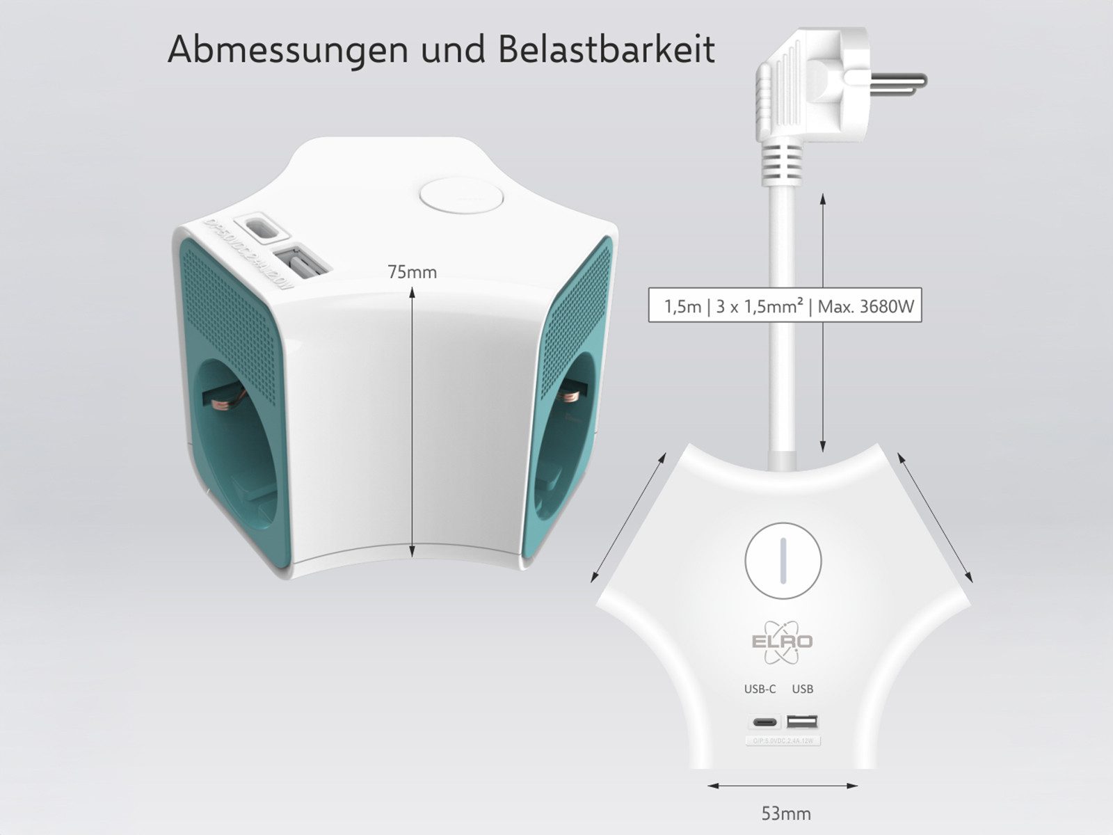 Elro Steckdosenleiste (Ein- / Ausschalter, USB-Anschlüsse, Kindersicherung, Kabellänge 1.5 m), USB Steckdosenleiste 3 fach mit Schalter & Kindersicherung Weiß H. 8cm