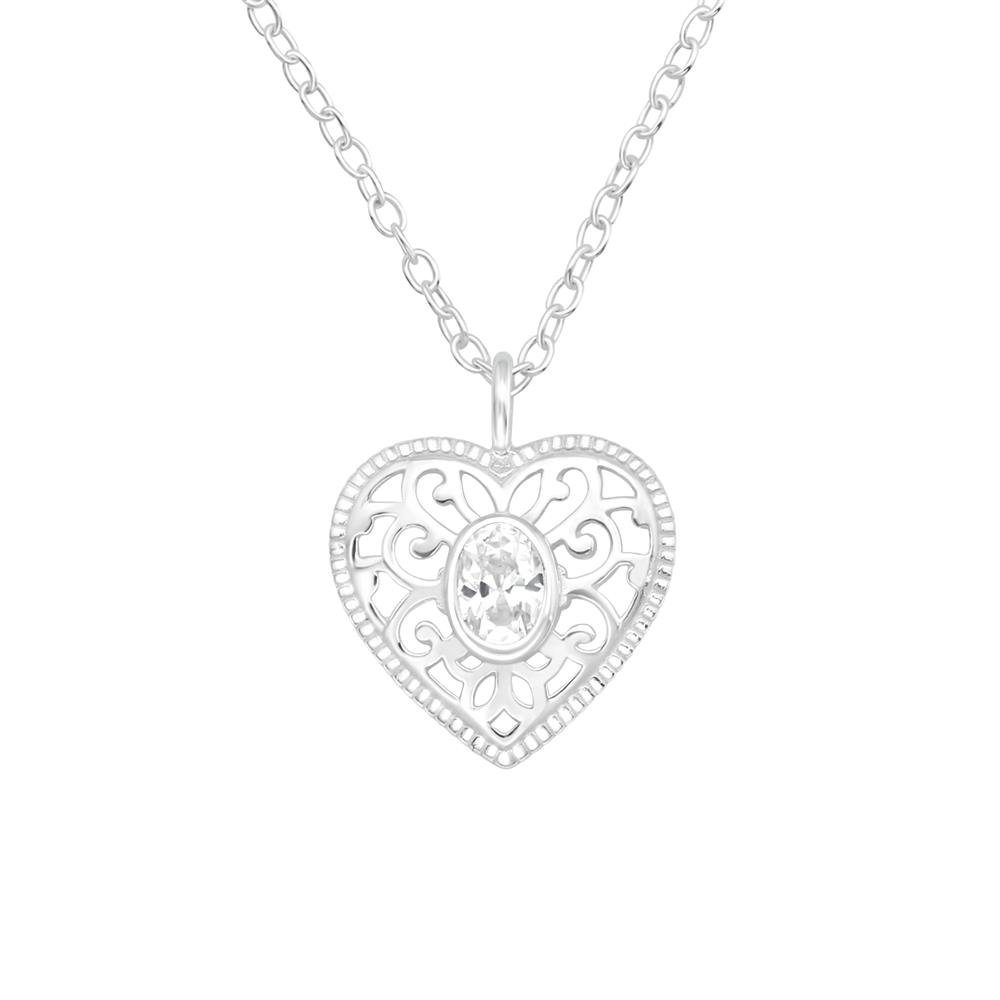 BUNGSA Ketten-Set Kette mit Herz-Anhänger und ovalem Kristall aus 925 Silber (1-tlg), Halskette Necklace