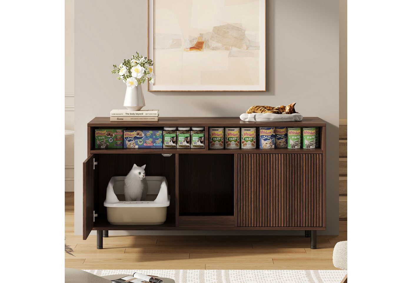 Flieks Mehrzweckschrank mit Sandauffangmatte, Ablage (Sideboard, TV-Schrank, 1-St., 120x50x66 cm) Katzentoiletten, Katzenstreuwanne-Schrank Tierhaus Nussbaumfarbe