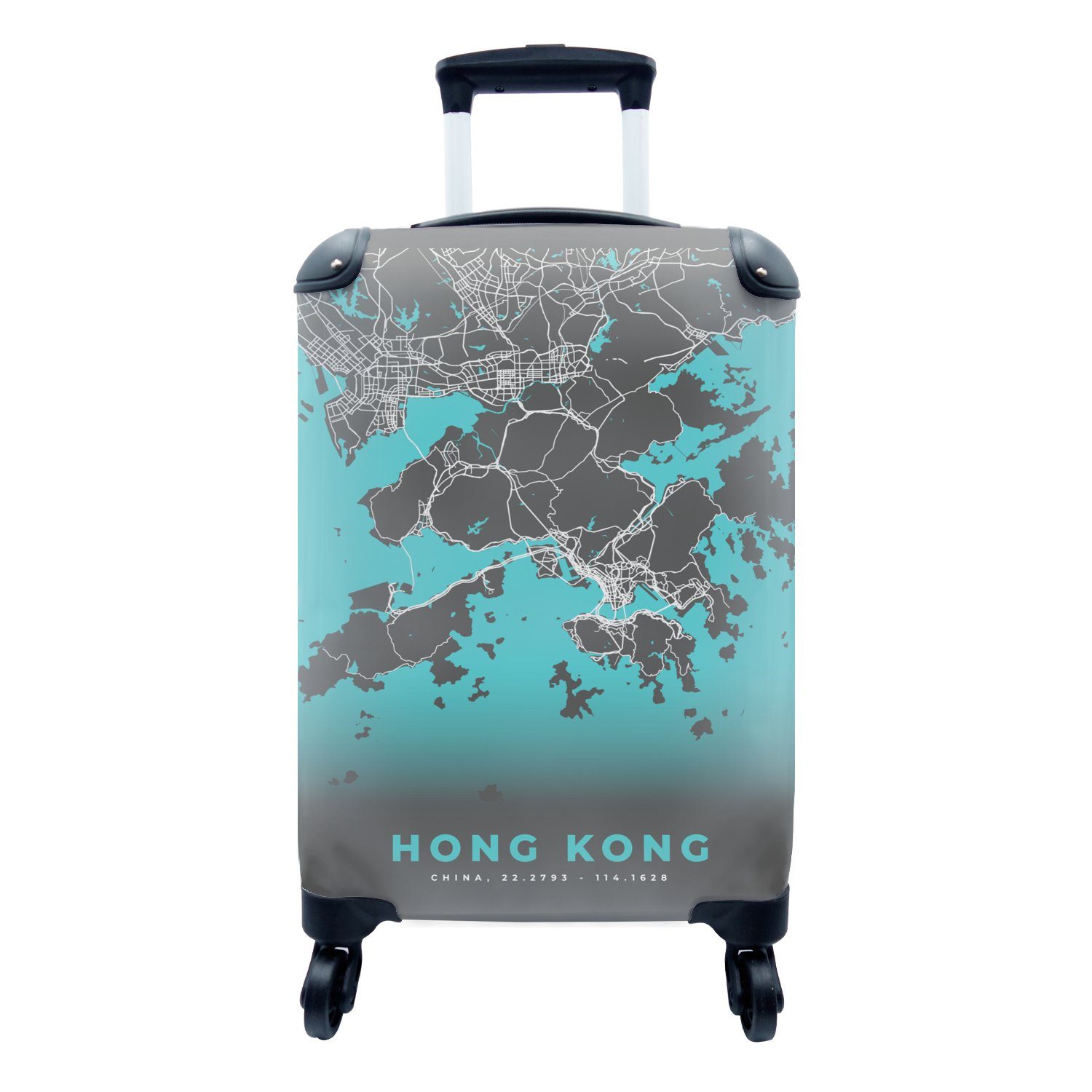 MuchoWow Handgepäckkoffer Hongkong - Stadtplan - Karte - Blau, 4 Rollen, Reisetasche mit rollen, Handgepäck für Ferien, Trolley, Reisekoffer