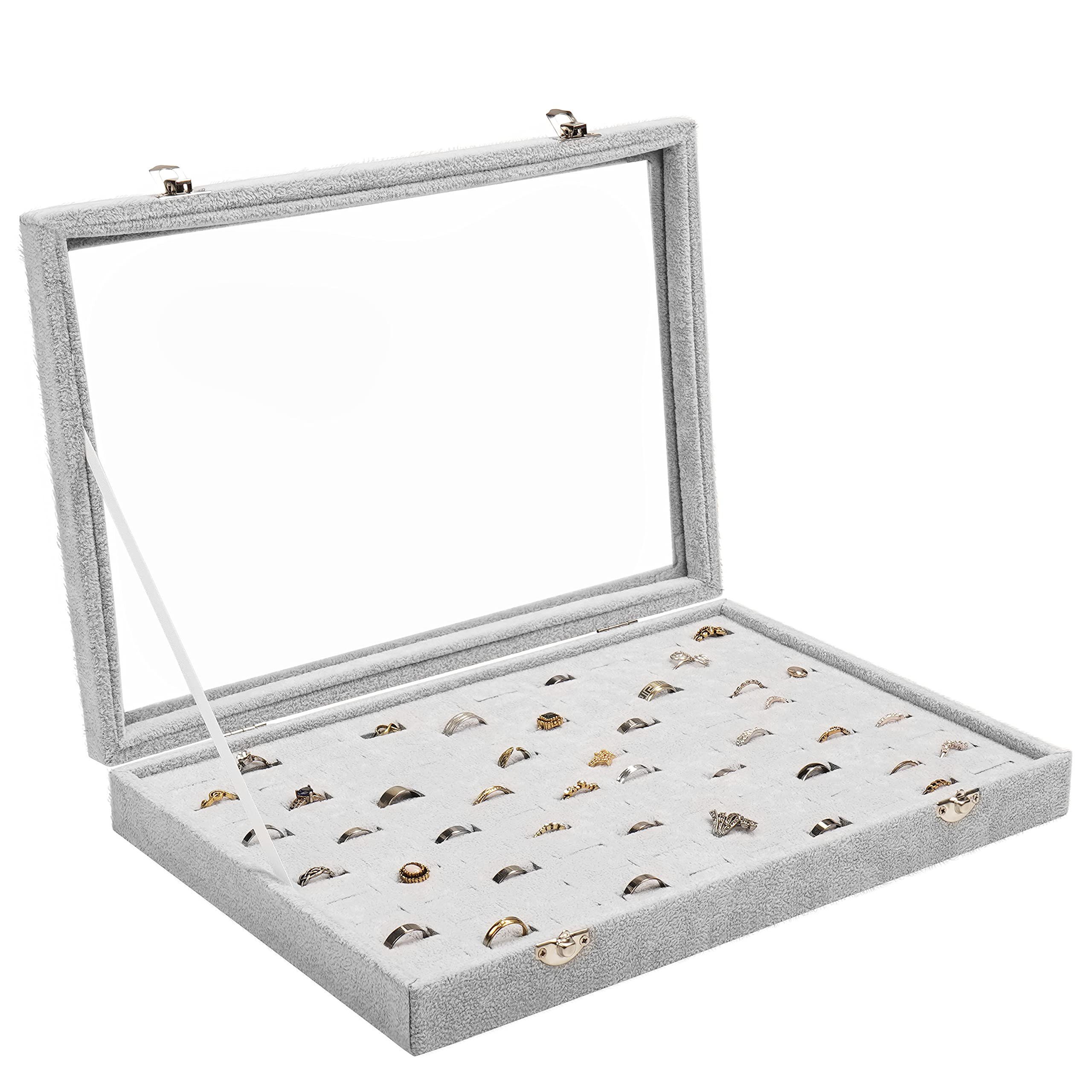 Belle Vous Schmuckständer Graue Schmuckaufbewahrungsbox: Ringbox mit 100 Fächern & Glasdeckel, Jewelry Storage Box: Gray Ring Box with 100 Compartments & Glass Lid