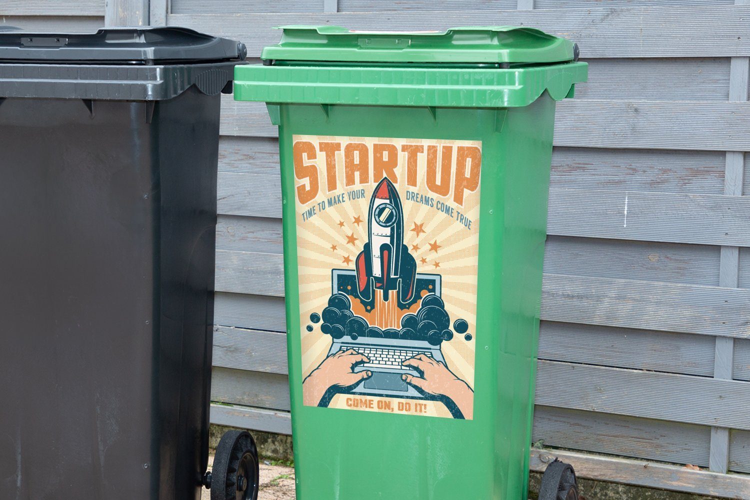 Sticker, Träume Container, Laptop Zitate um - Vintage Abfalbehälter - Mülleimer-aufkleber, Mülltonne, (1 - - St), MuchoWow Wandsticker deine Rakete Startup-Zeit,