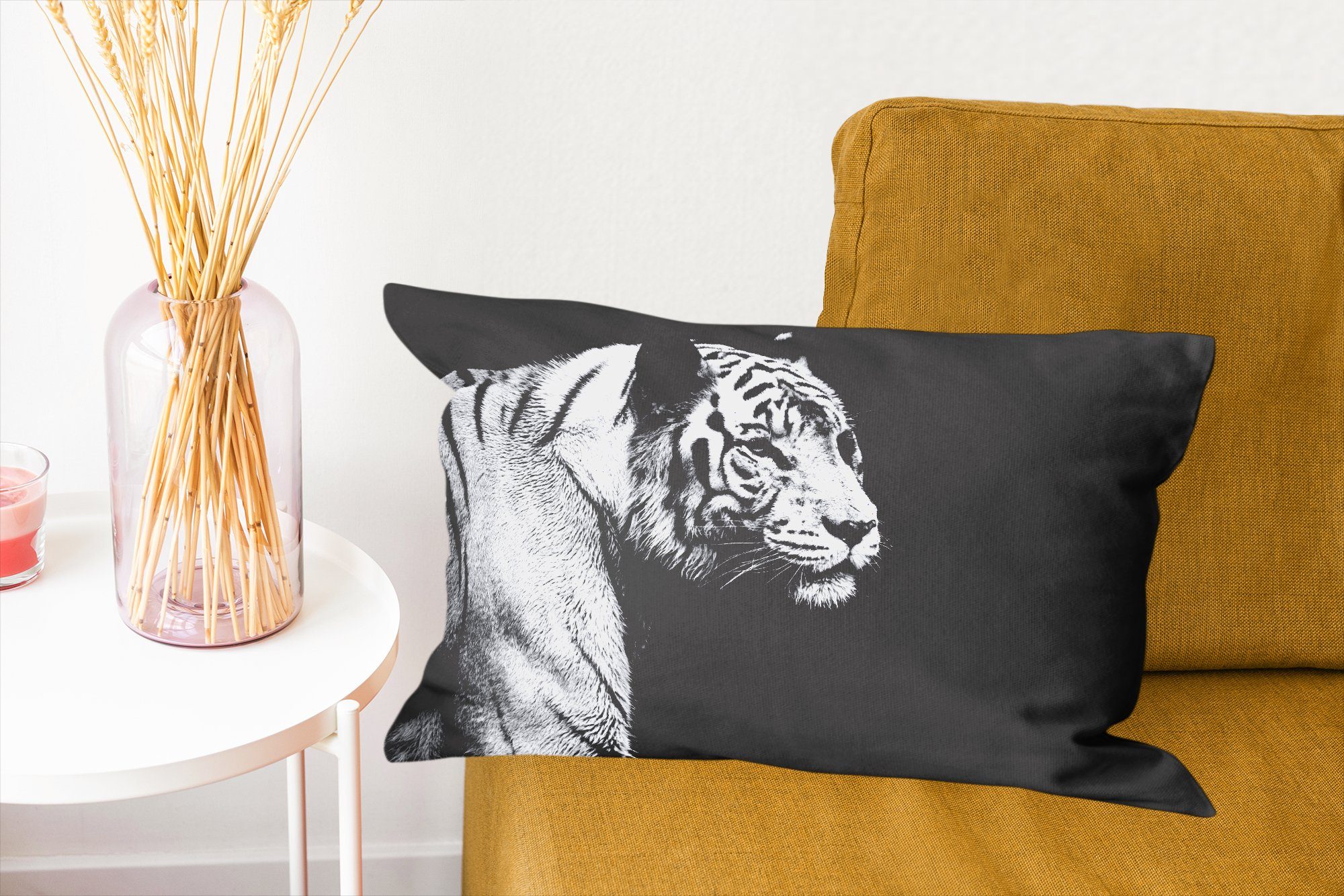 Dekokissen Tiger mit MuchoWow und Tierprofil Schlafzimmer Wohzimmer Dekoration, in schwarz Dekokissen weiß, Zierkissen, Füllung,