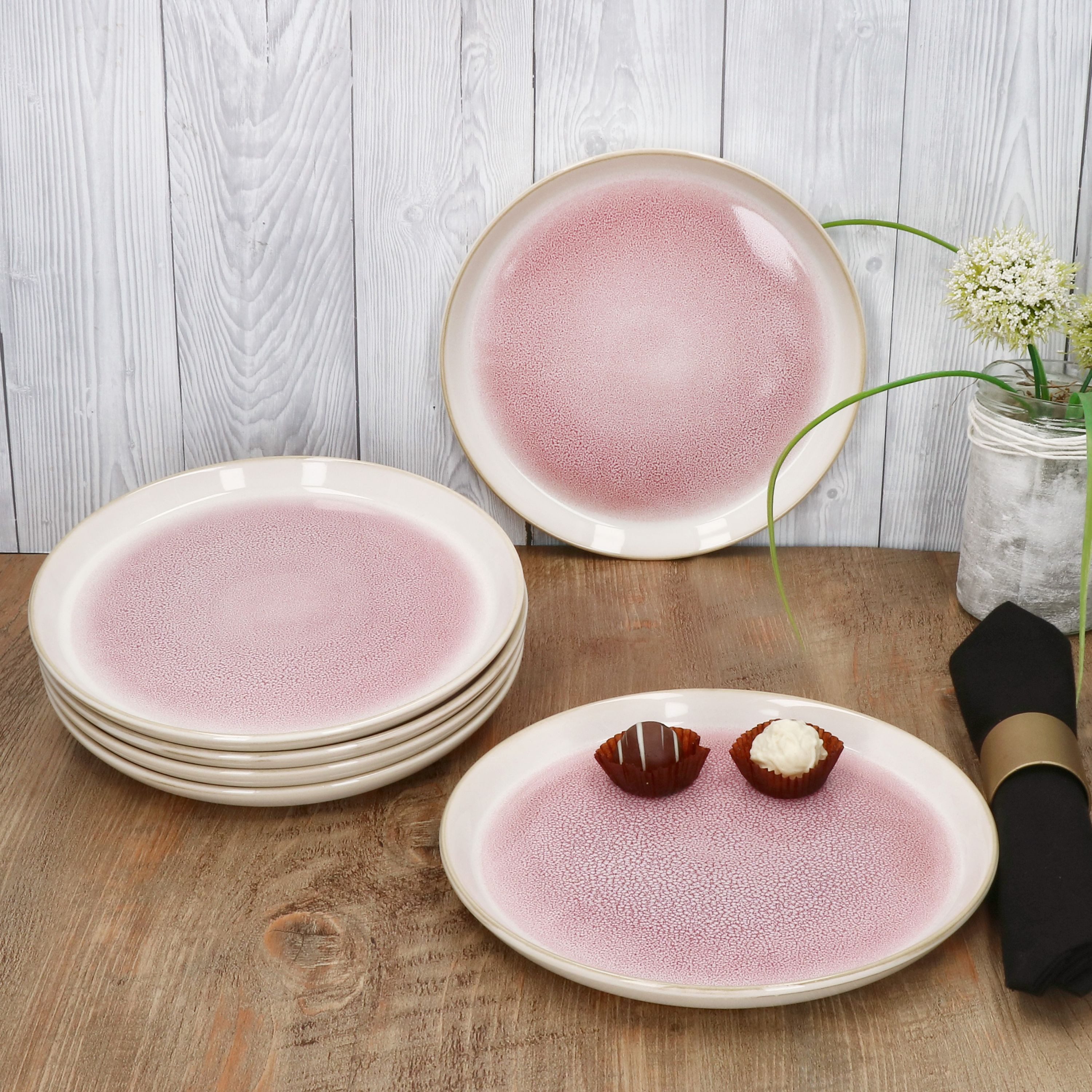 MamboCat Frühstücksteller 6x Reactive Glaze Paris Kuchenteller 6 Personen Creme Pink