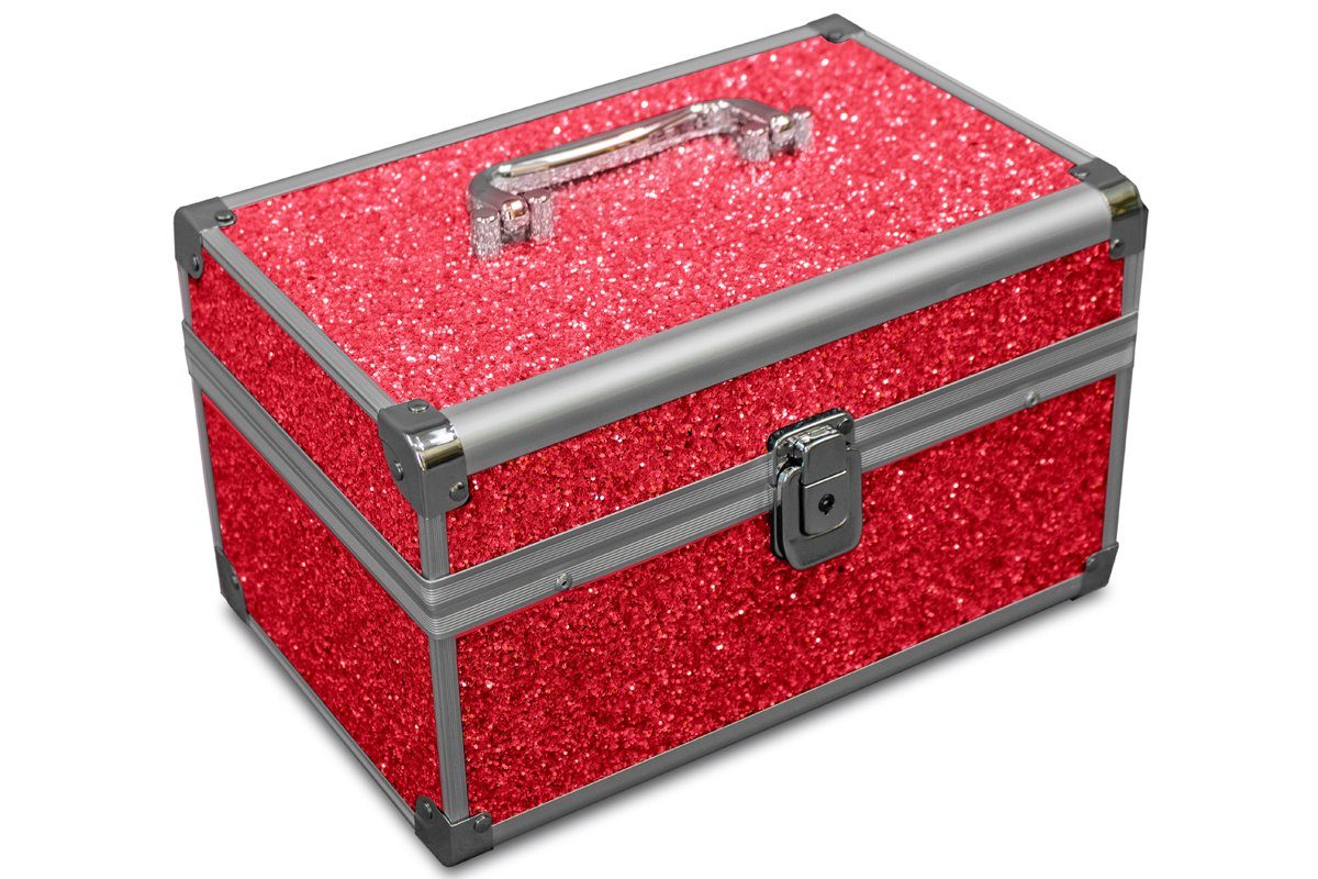 Schmuckkoffer Schmuck-Kästchen in Rot Glitzer-Optik Klappfächer