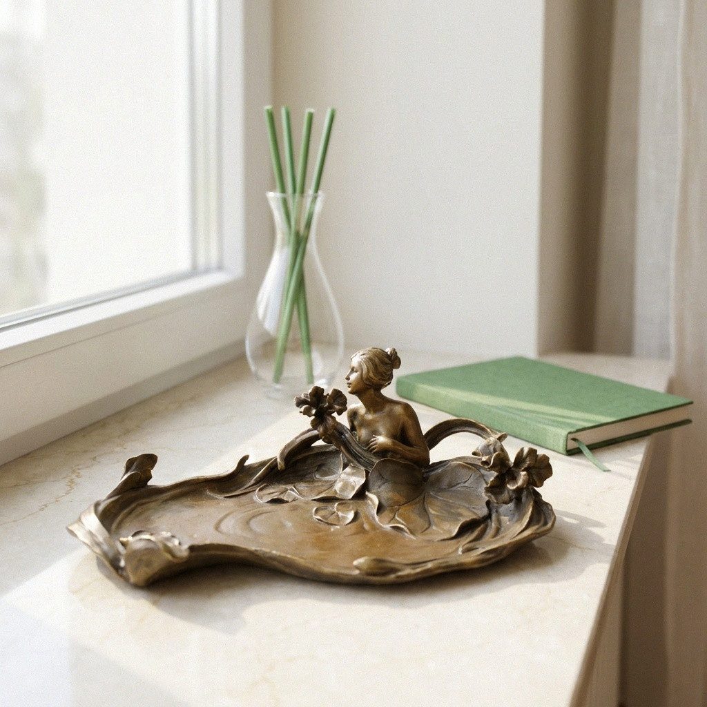 Antikas Wanddekoobjekt Wertige Bronze Schale Jugendstil, patiniert braun, Frauenfigur, H.10