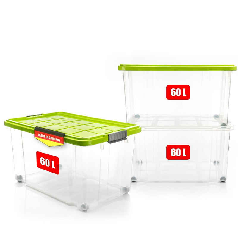 BigDean Aufbewahrungsbox 3x 60 L Aufbewahrungsbox mit Deckel + Rollen limegrün Stapelbox