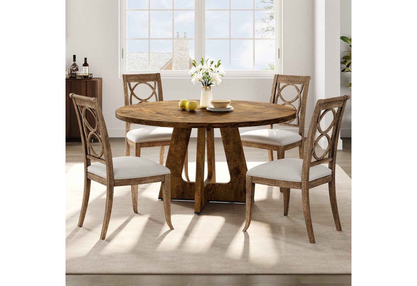GarveeMore Esstisch runder im Industriestil mit Holzplatte und Beinen,120cm, Küchentisch aus Holz für 4 bis 6 Personen,für Esszimmer
