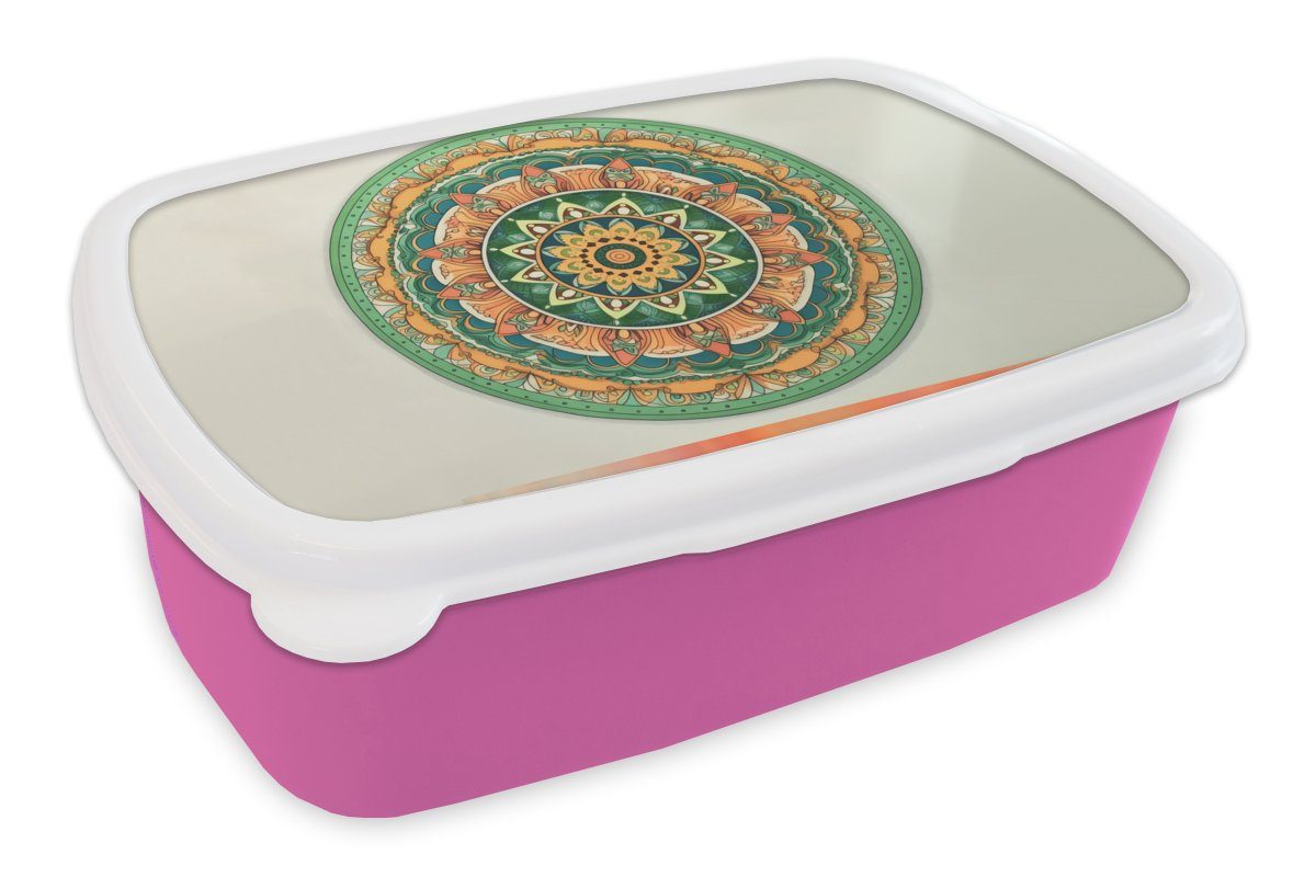 MuchoWow Lunchbox Hippie - Mandala - Grün - Boho - Blumen, Kunststoff, (2-tlg), Brotbox für Erwachsene, Brotdose Kinder, Snackbox, Mädchen, Kunststoff rosa
